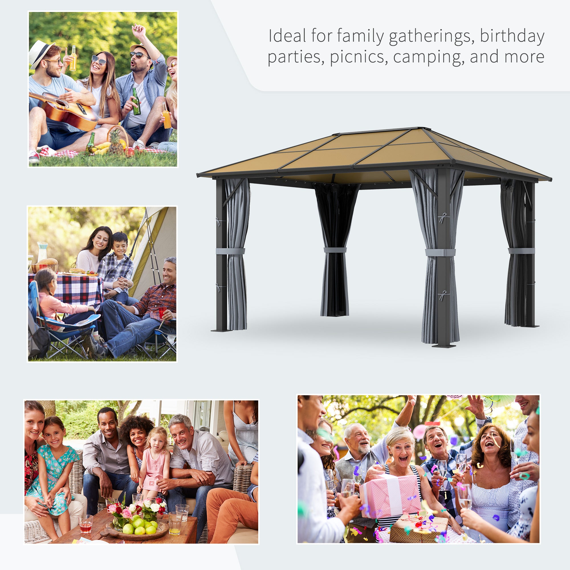 Outsunny 3 x 3.6m Garden Aluminium Gazebo Hardtop Roof Canopy Marquee Party Tent Patio with Mesh Curtains & Side Walls - Grey - North Peak Garden Furniture