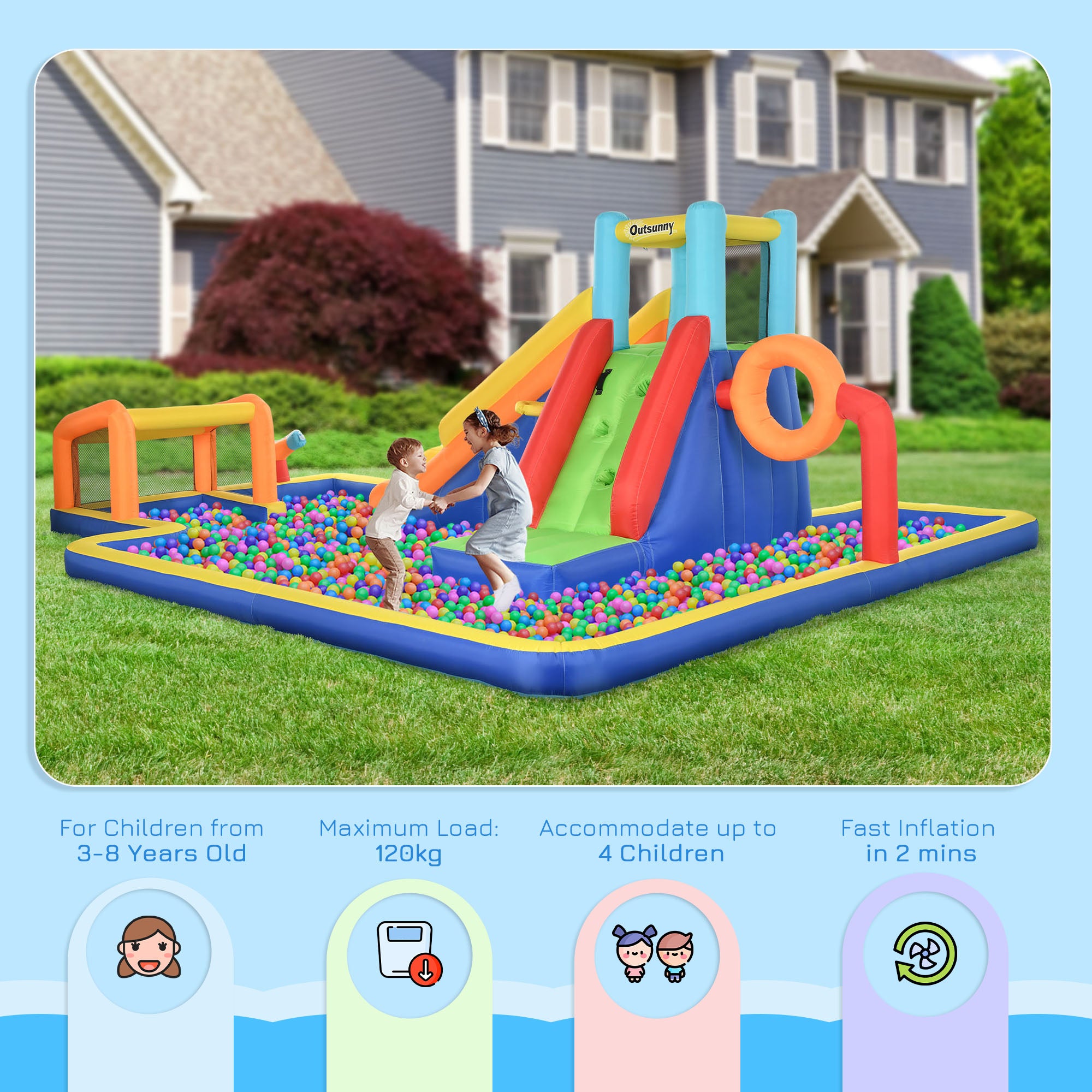 Outsunny 6 in 1 Bouncy Castle with Slide, Pool, Climbing Wall, Water Cannon, Basketball Hoop, Football Stand, for Ages 3-8 Years