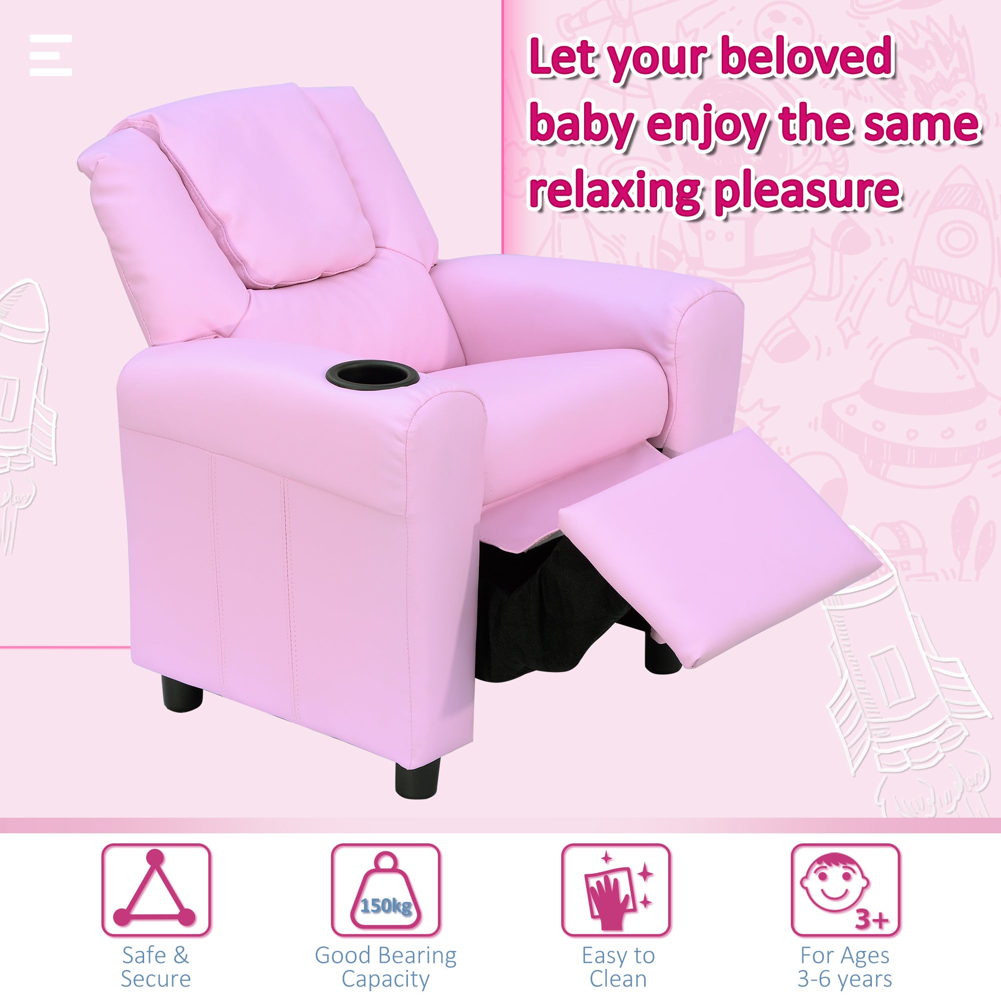 HOMCOM Kids Recliner Chair, PU Leather with Adjustable Backrest, Footrest, Padded Headrest, Pink