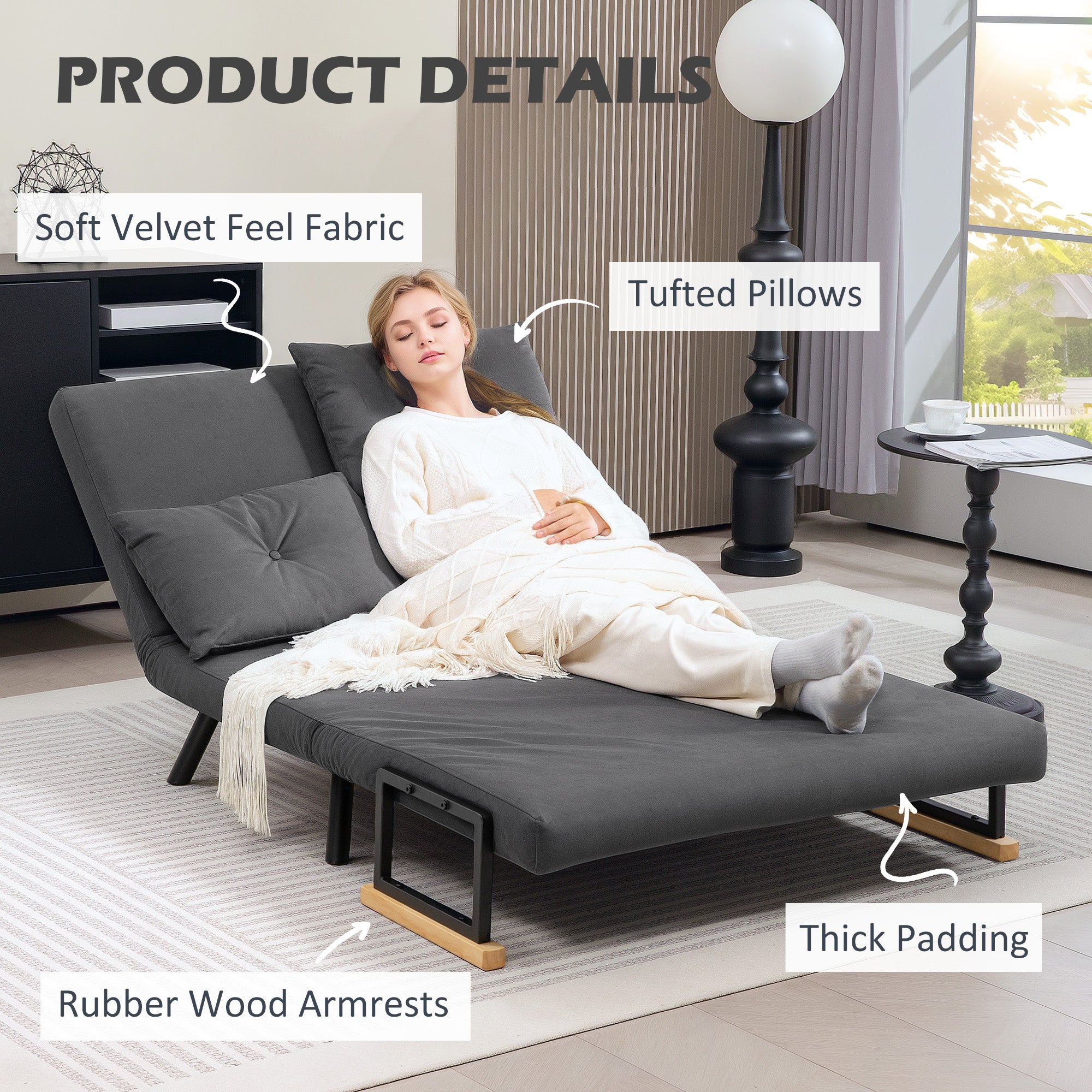 HOMCOM 4-in-1 Velvet-Feel Double Sofa Bed, with Pillows - Dark Grey - North Peak Garden Furniture