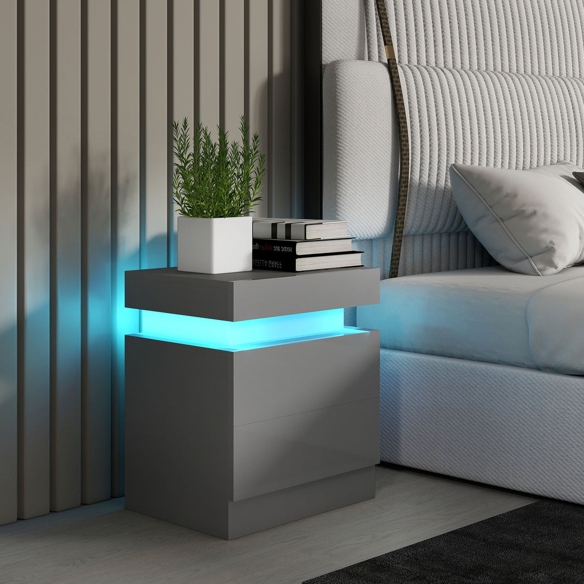 HOMCOM Grey Bedside Table with LED Light, High Gloss Front Nightstand with 2 Drawers, for Living Room, Bedroom