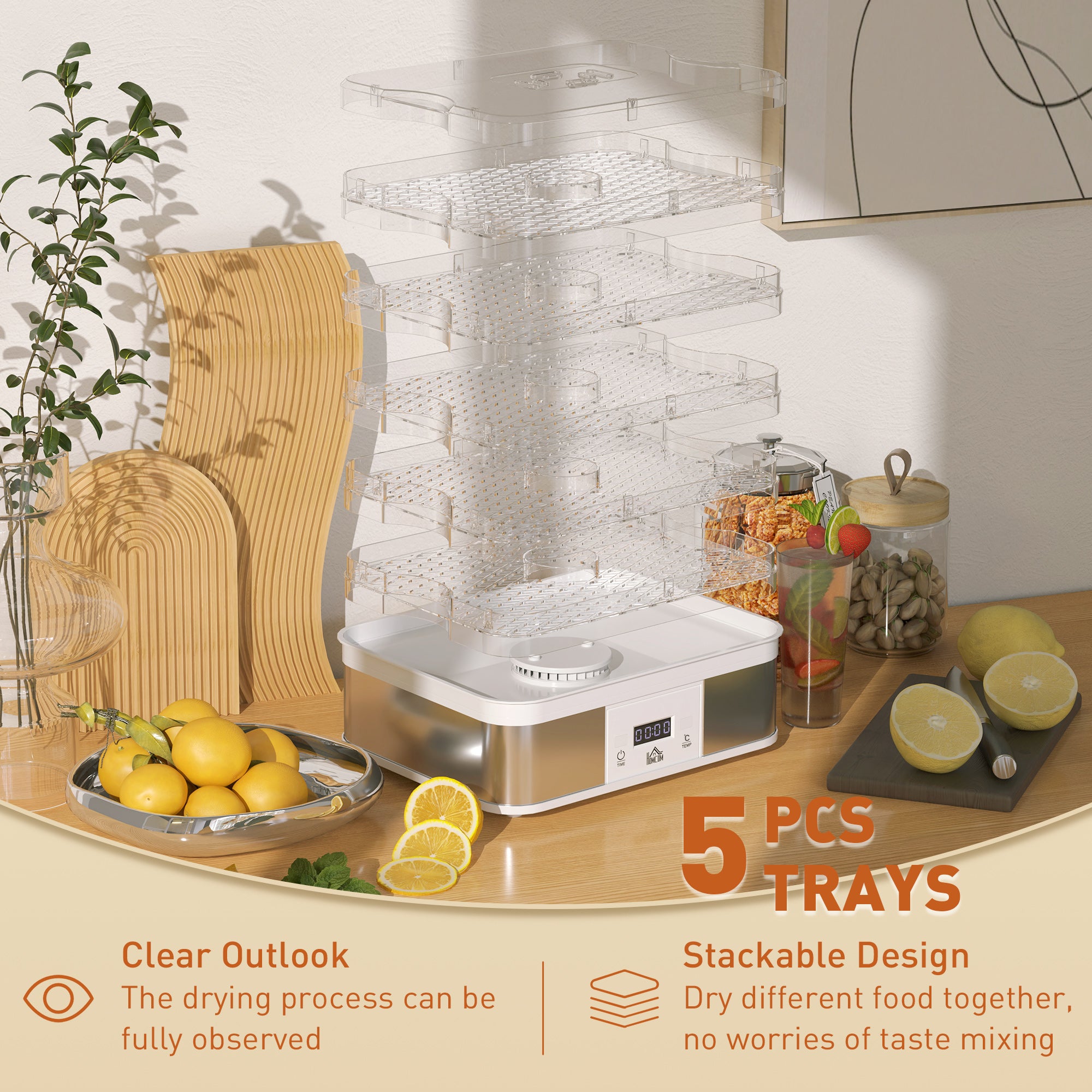 HOMCOM 5 Tier Food Dehydrator, 245W Stainless Steel Food Dryer Machine with Adjustable Temperature, Timer and LCD Display for Drying Fruit, Meat, Vegetable, Jerky and Pet Treat, White - North Peak Garden Furniture
