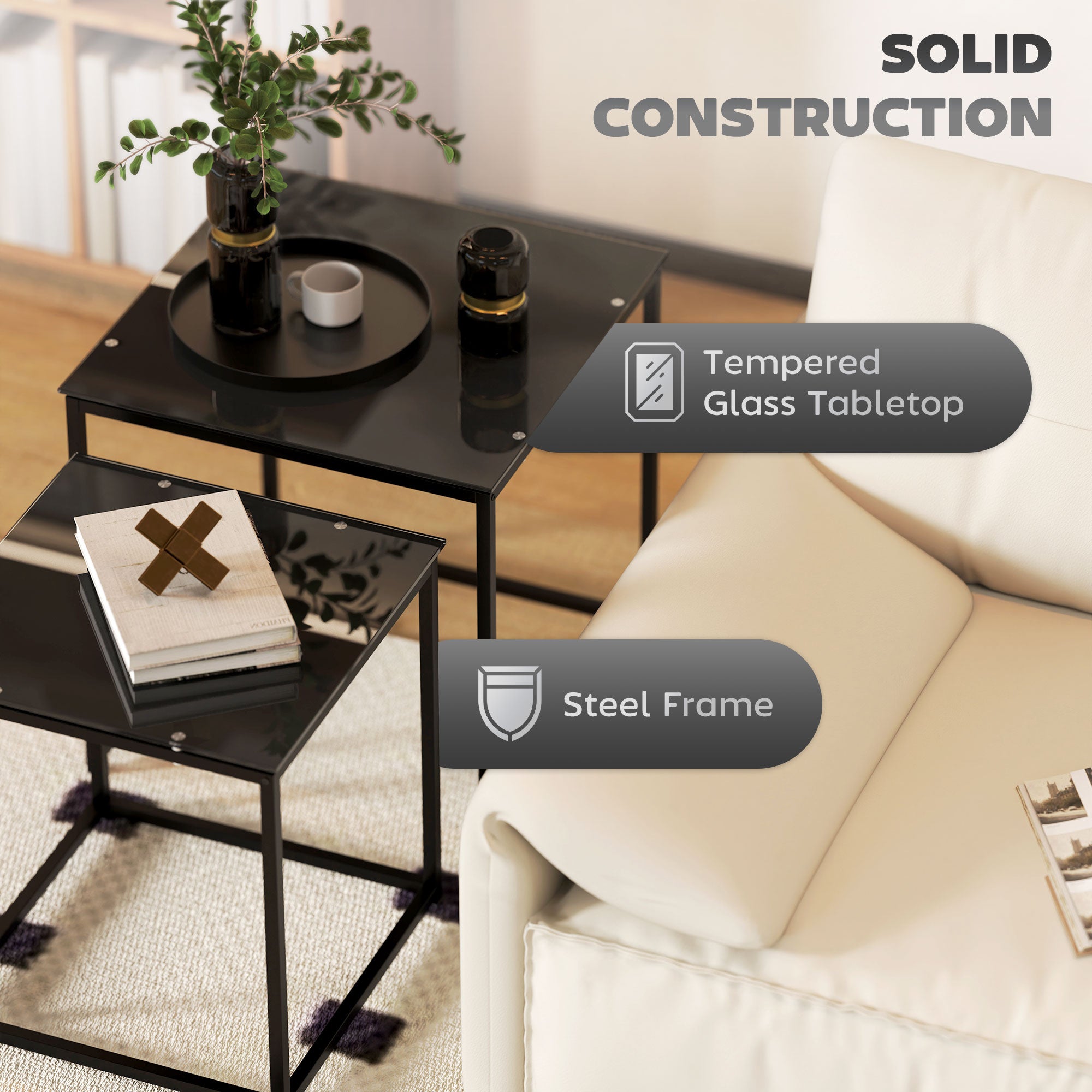 HOMCOM Nest of Tables, Set of 2 Coffee Table, Side Tables with Tempered Glass Desktop and Metal Frame for Living Room, Bedroom, Office, Black - North Peak Garden Furniture