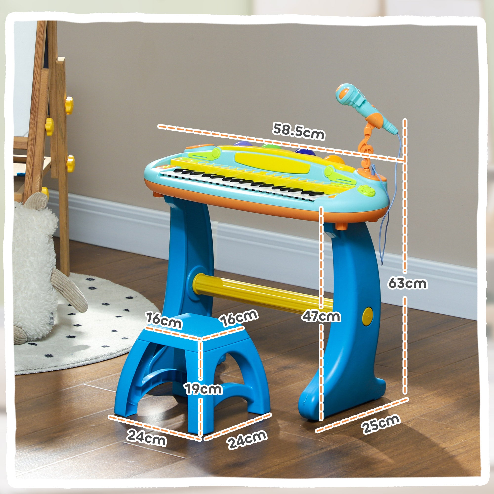 AIYAPLAY 37 Keys Kids Piano w/ Microphone, Stool, LED Lights, Record & Replay Function, Blue - North Peak Garden Furniture