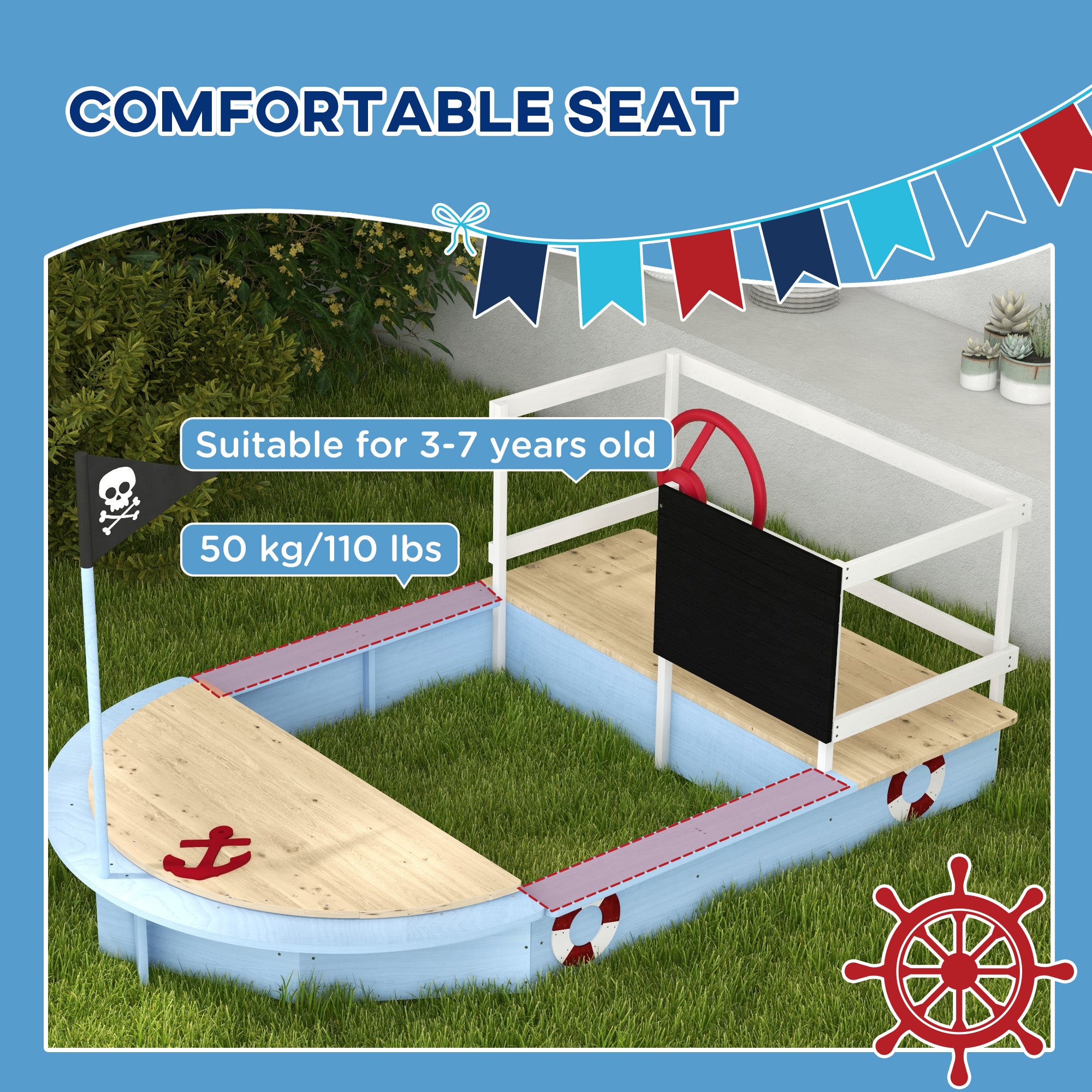 Outsunny Wooden Kids Sandbox, Pirate Ship Design - Blue