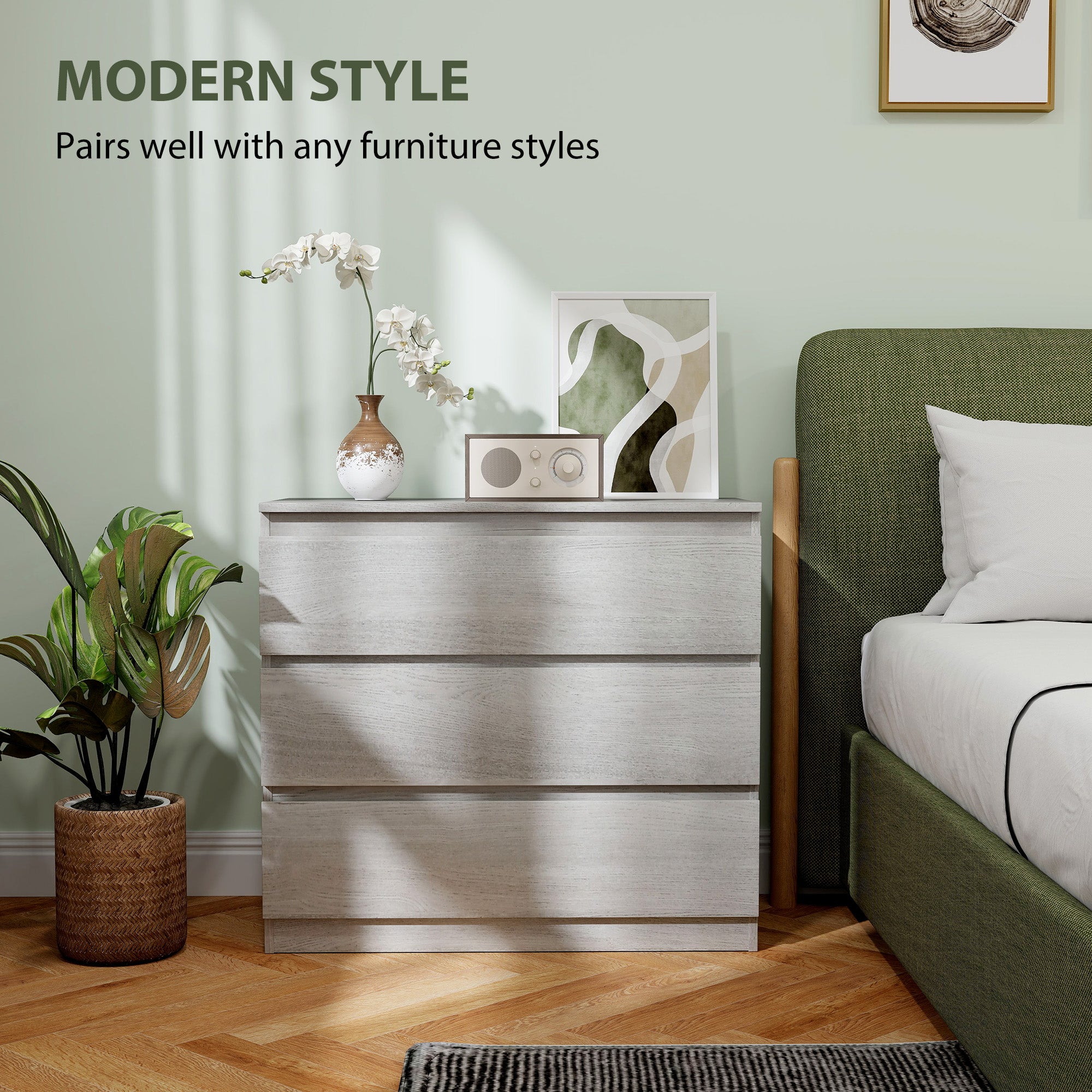 HOMCOM Chest of Three Drawers - Grey Wood Effect - North Peak Garden Furniture