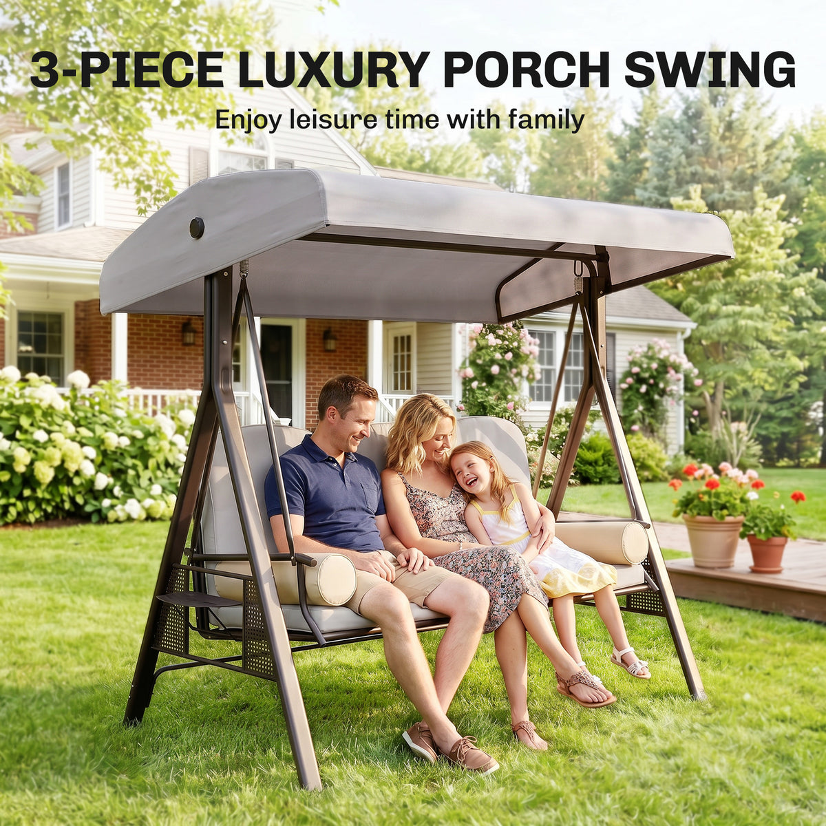 Outsunny 3 Seater Canopy Swing Chair, Outdoor Garden Swing Seat with Adjustable Canopy, Cushions and Cup Trays, Steel Frame, Light Grey