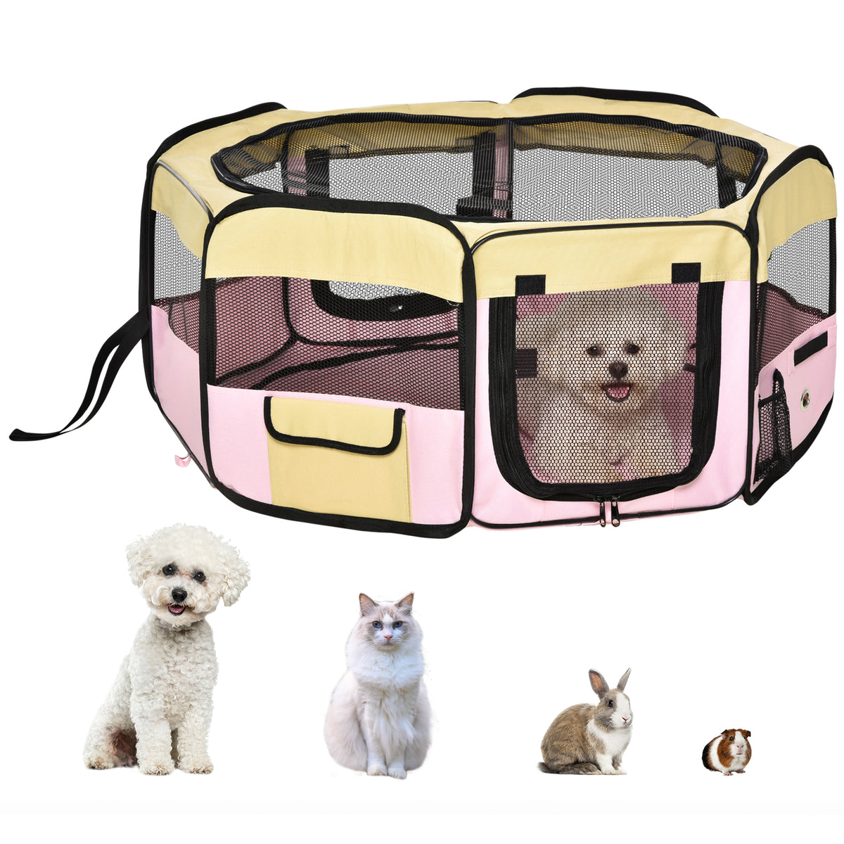 PawHut Fabric Pet Whelping Box Dog Cat Puppy Playpen Rabbit Guinea Pig Play Pen in Pink With Carry Bag Small Dia 90 x 41Hcm