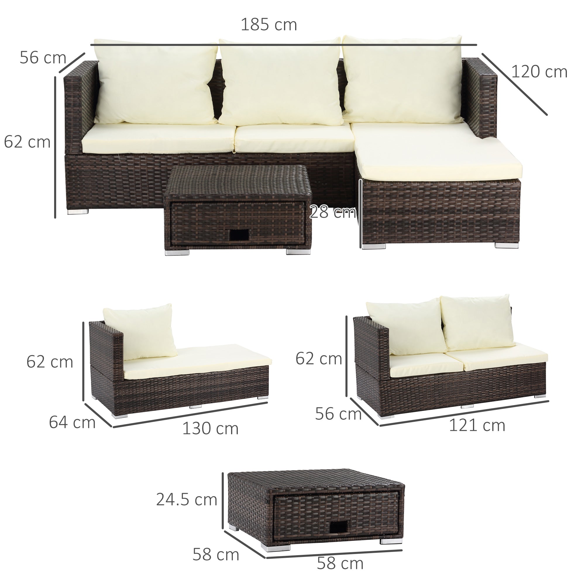 Outsunny 3PC Rattan Garden Furniture Storage Sofa Set 4 Seater Wicker Coffee Table Conservatory Sun Lounger Reclining Set Outdoor Weave with Cushion Brown - North Peak Garden Furniture