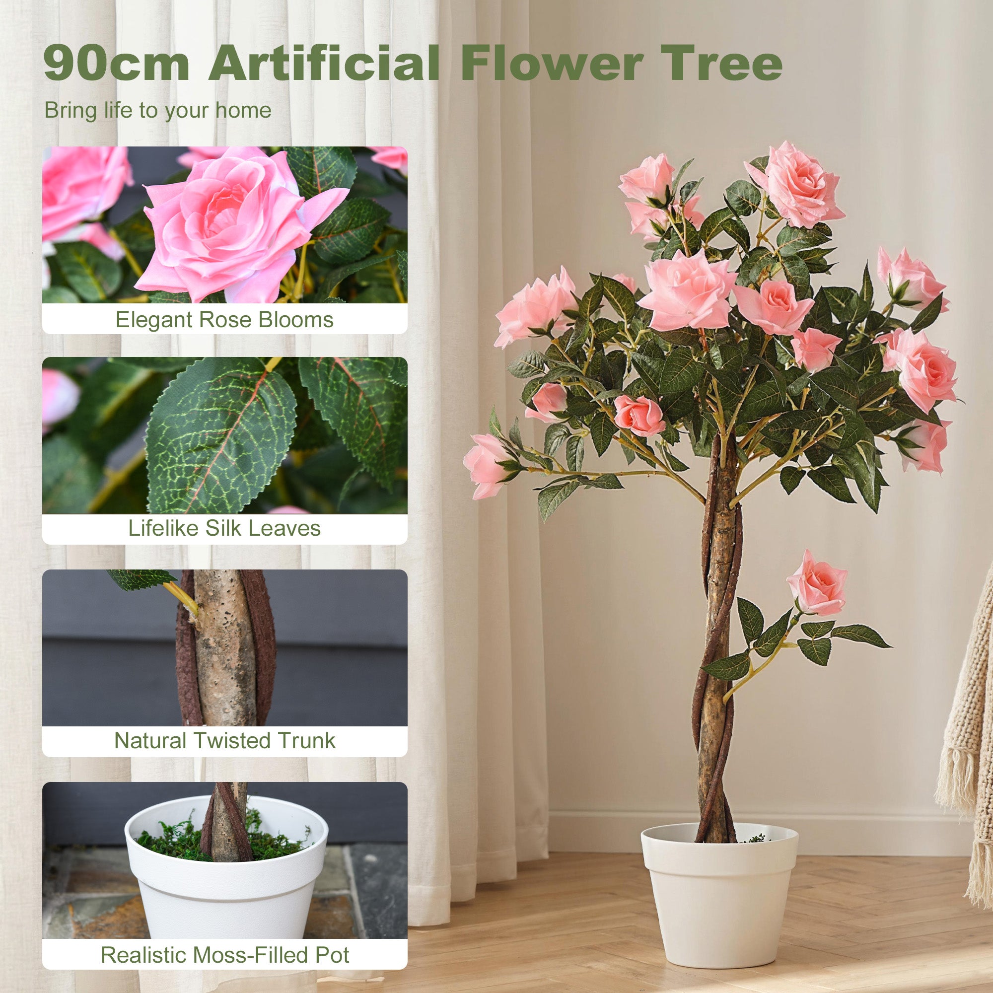 Outsunny Artificial Plants Pink Rose Floral in Pot, Fake Plants for Home Indoor Outdoor Decor, 90cm