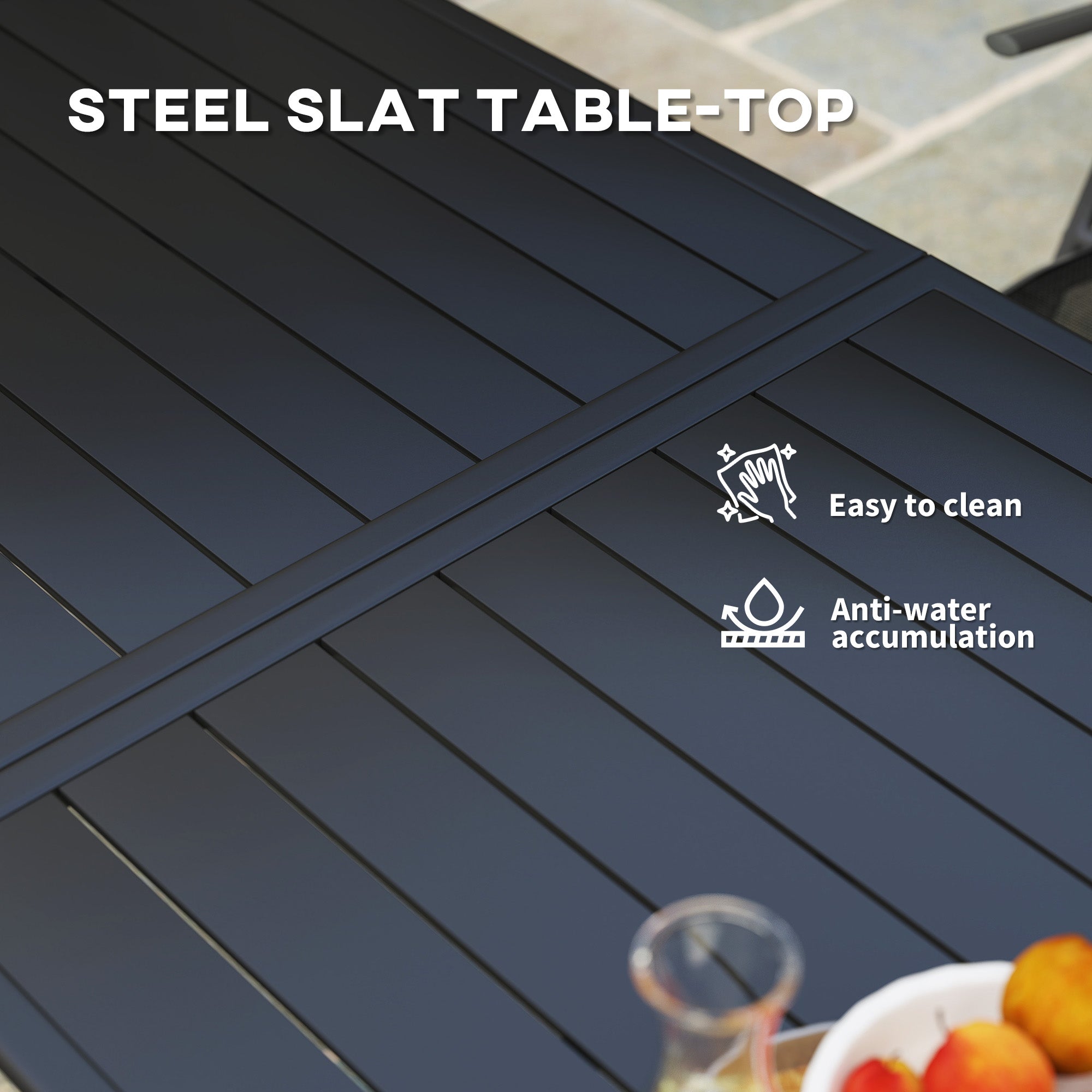 Outsunny Rectangle Garden Table with Slat Top, Steel Frame, Outdoor Table for 6 Person, 150 x 80 x 74 cm, Black - North Peak Garden Furniture