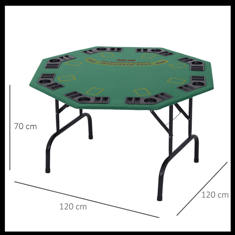 HOMCOM 8 Player Folding Games Poker Table with Chip Cup Holder Steel Base Felt Top Octagon Blackjack Green - North Peak Garden Furniture