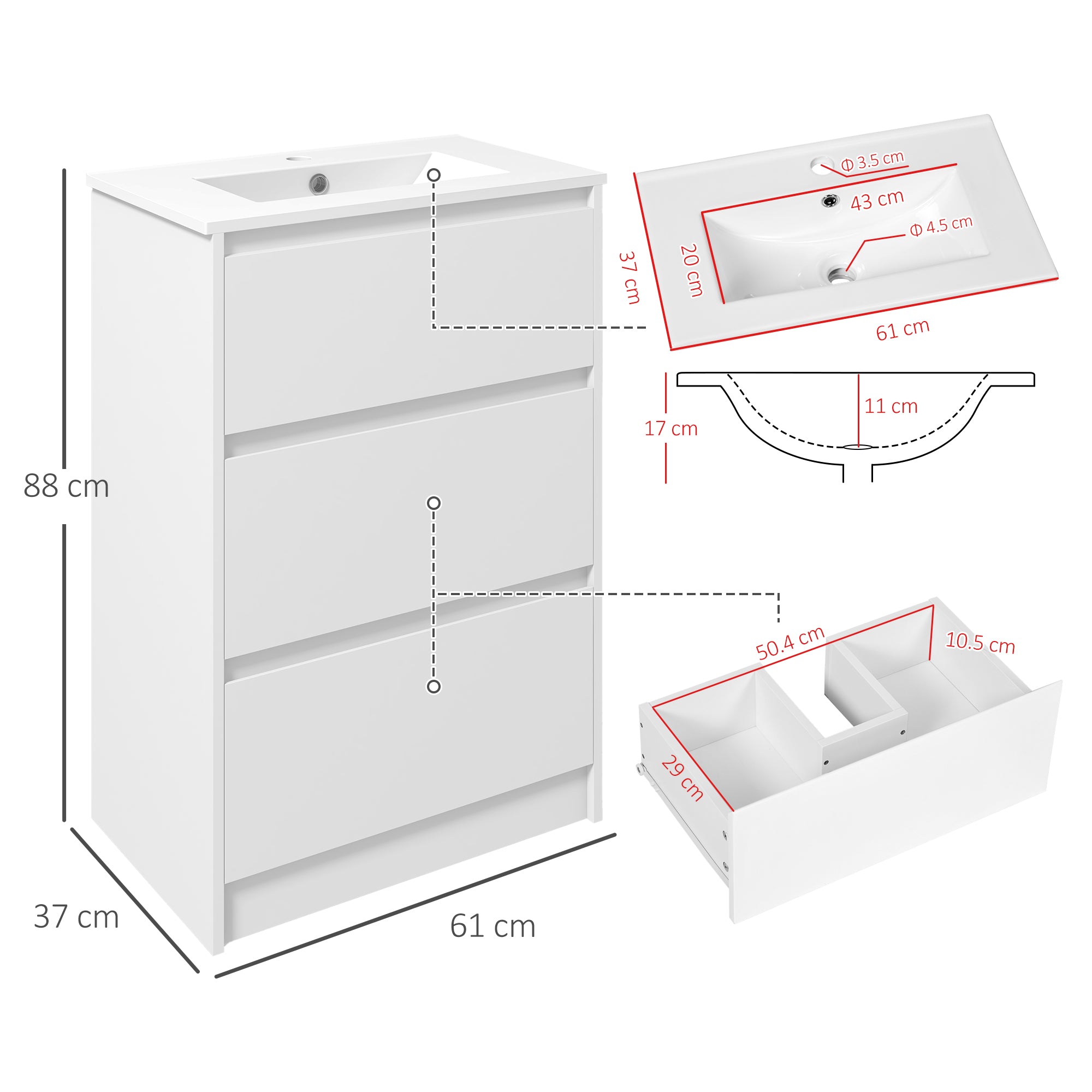 kleankin 600mm Bathroom Vanity Unit with Basin and Single Tap Hole, High Gloss White Floor Standing Bathroom Sink Unit with 2 Drawers - North Peak Garden Furniture