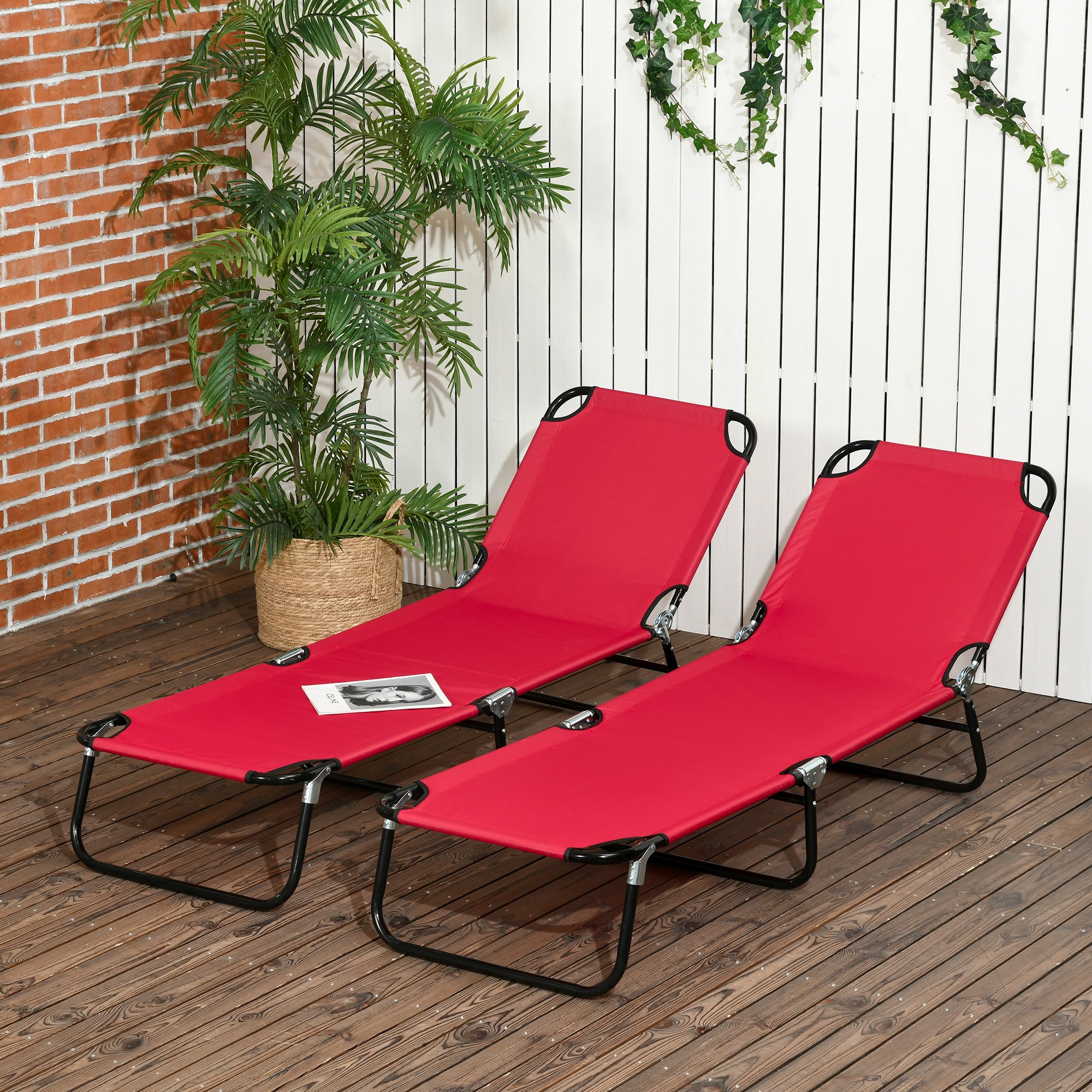 Outsunny Folding Sun Loungers Set of 2, Outdoor Day Bed with 5-Position Adjustable Backrest, Portable Recliner Garden Chairs with Breathable Mesh for Beach, Patio, Wine Red