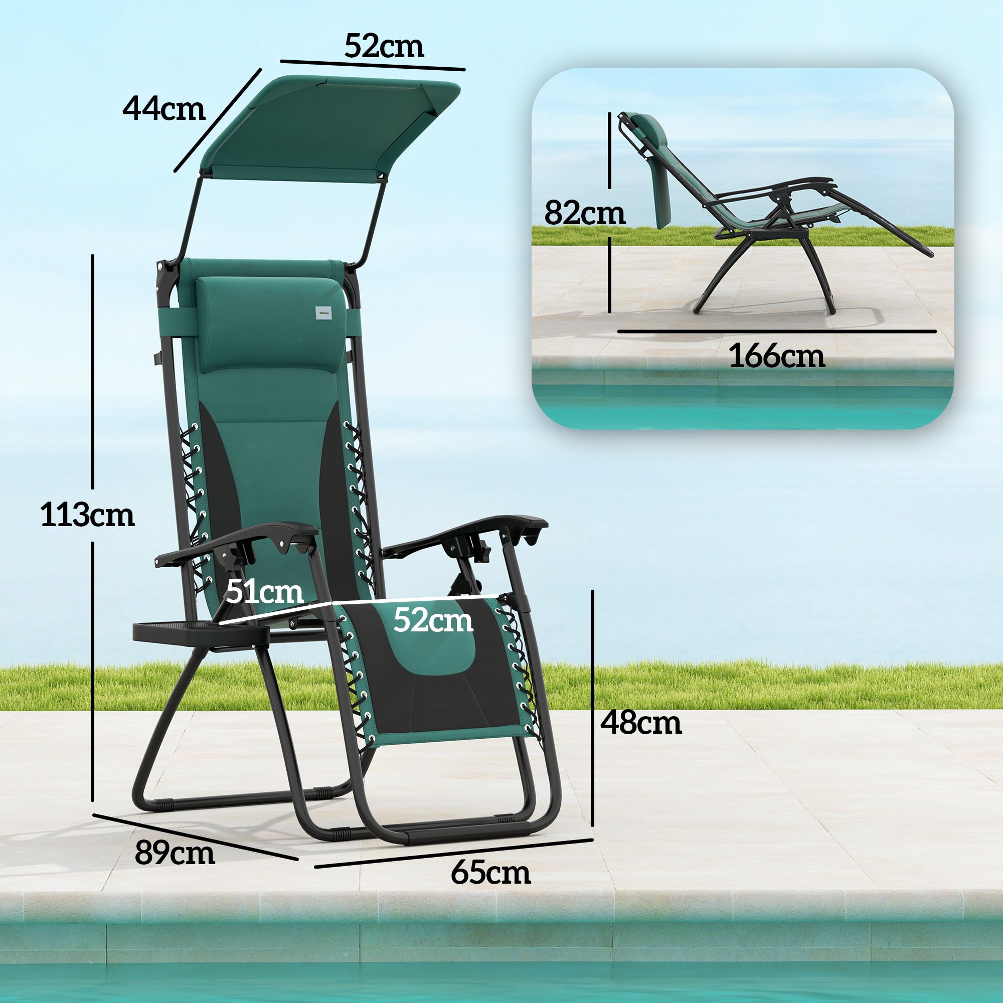 Outsunny Zero Gravity Lounger Chair Set of 2, Folding Reclining Patio Chair with Shade Cover, Padded Seat, Cup Holder, Soft Cushion and Headrest for Poolside, Camping, Green - North Peak Garden Furniture