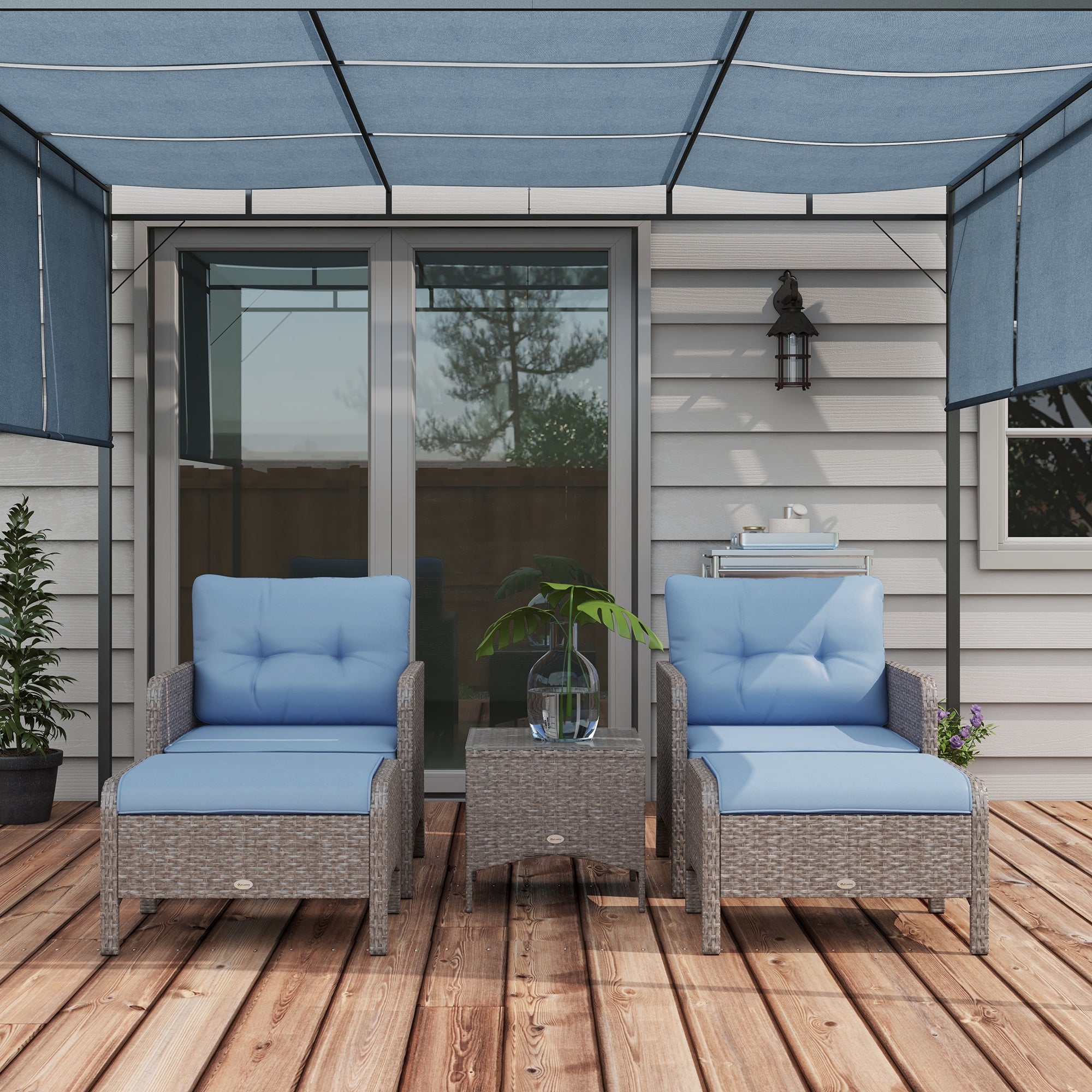 Outsunny 5 Pieces PE Rattan Garden Furniture Set, Wicker Outdoor Sofa Set w/ 2 Armchairs 2 Stools Glass Top Table Cushions, Blue - North Peak Garden Furniture