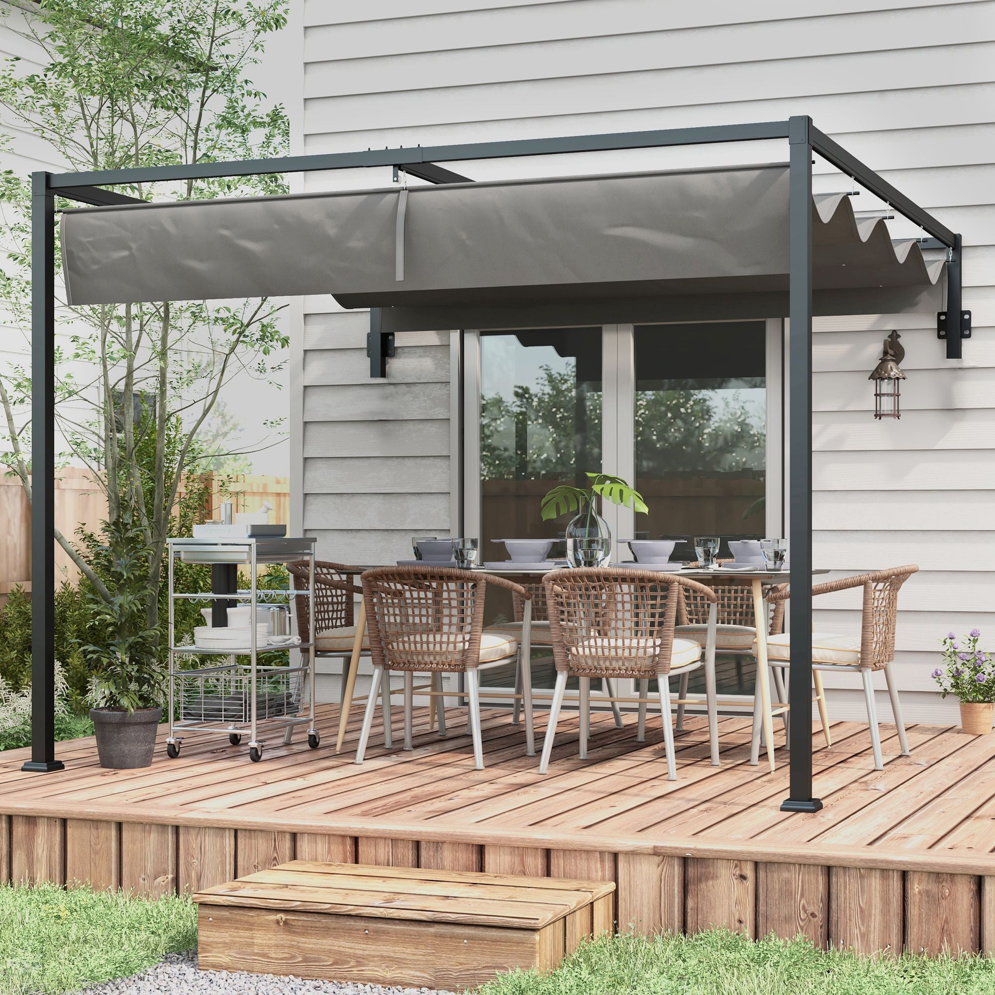 Outsunny 3 x 4m Lean To Pergola, Metal Pergola with Retractable Roof for Grill, Garden, Patio, Deck - North Peak Garden Furniture