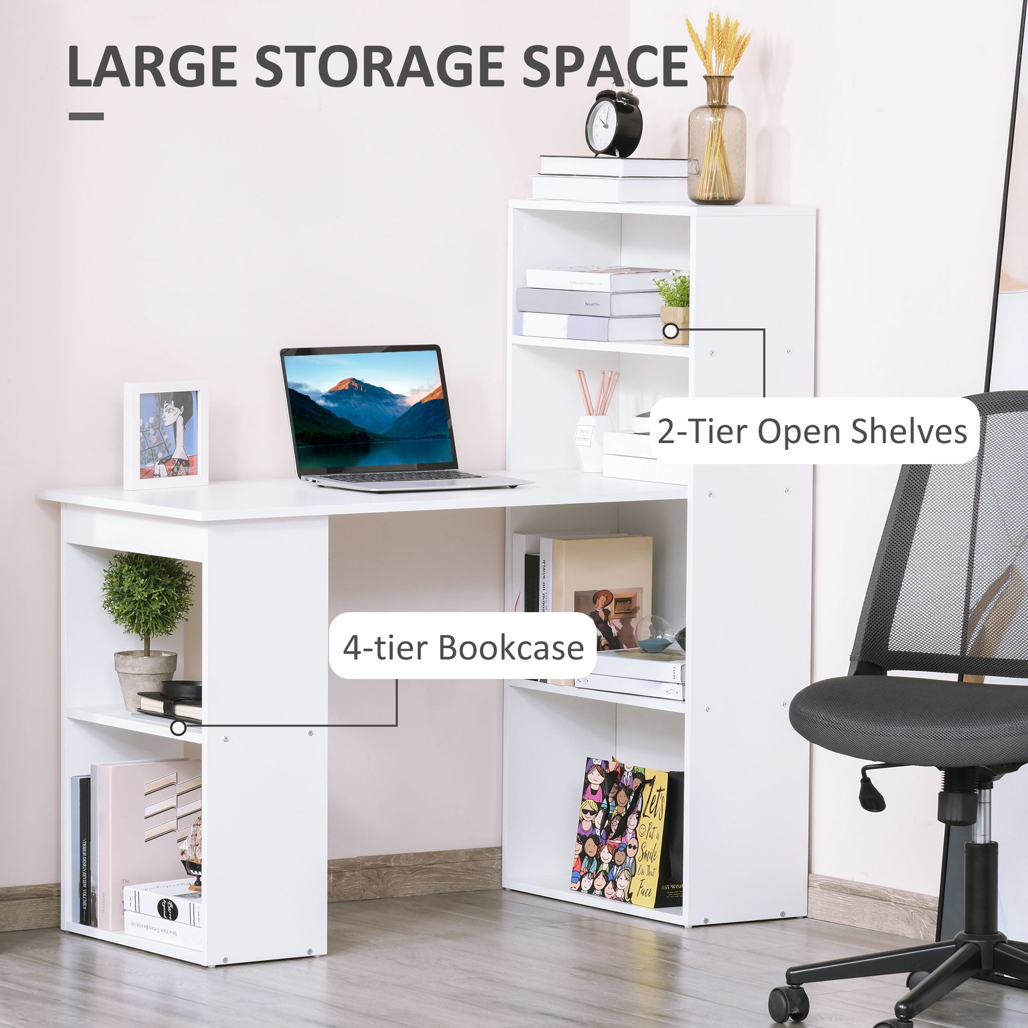 HOMCOM 120cm Modern Computer Desk Bookshelf Study Table Workstation PC Laptop Writing Home Office 6 Shelves White