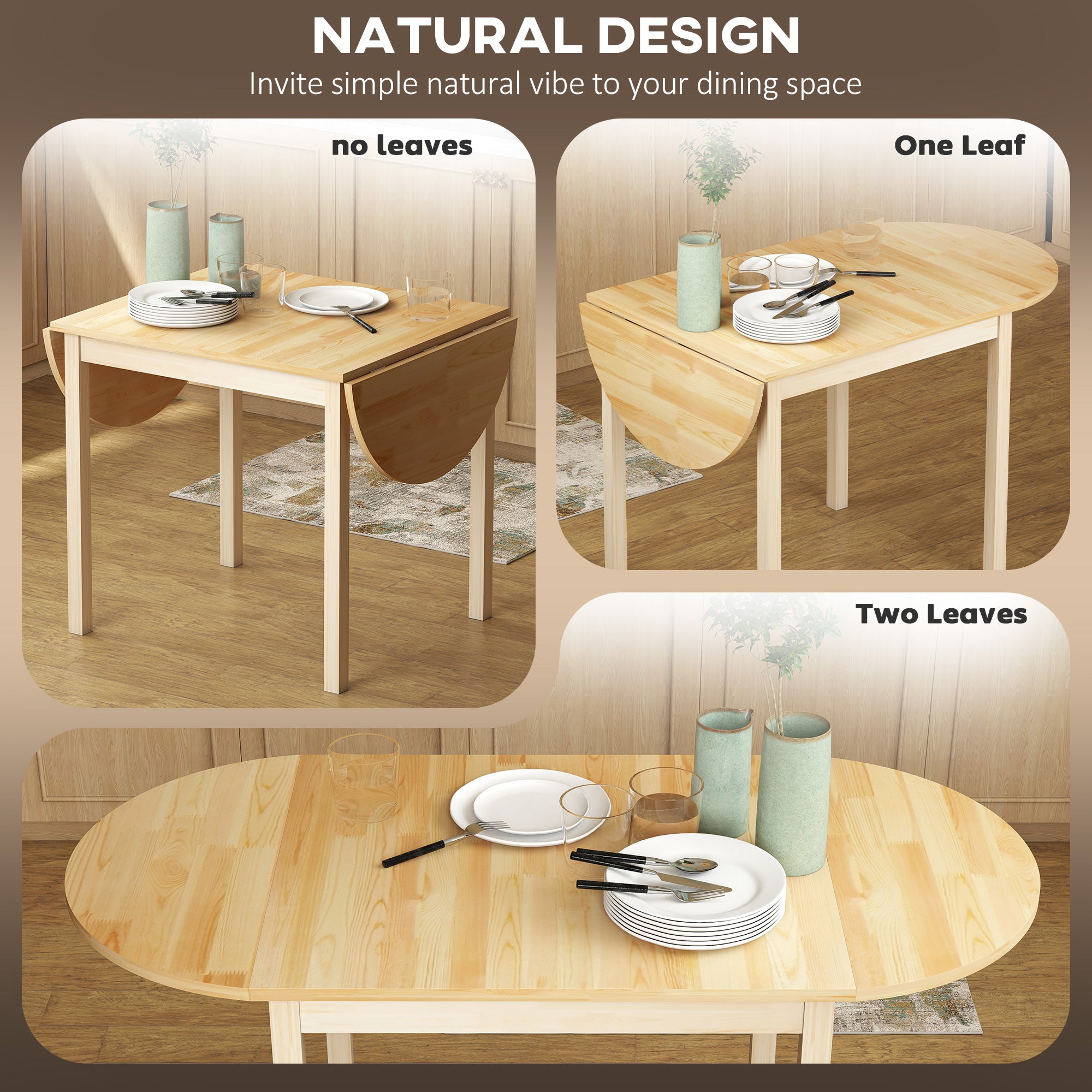 HOMCOM 4-6 Person Wooden Drop-Leaf Table - Natural Finish