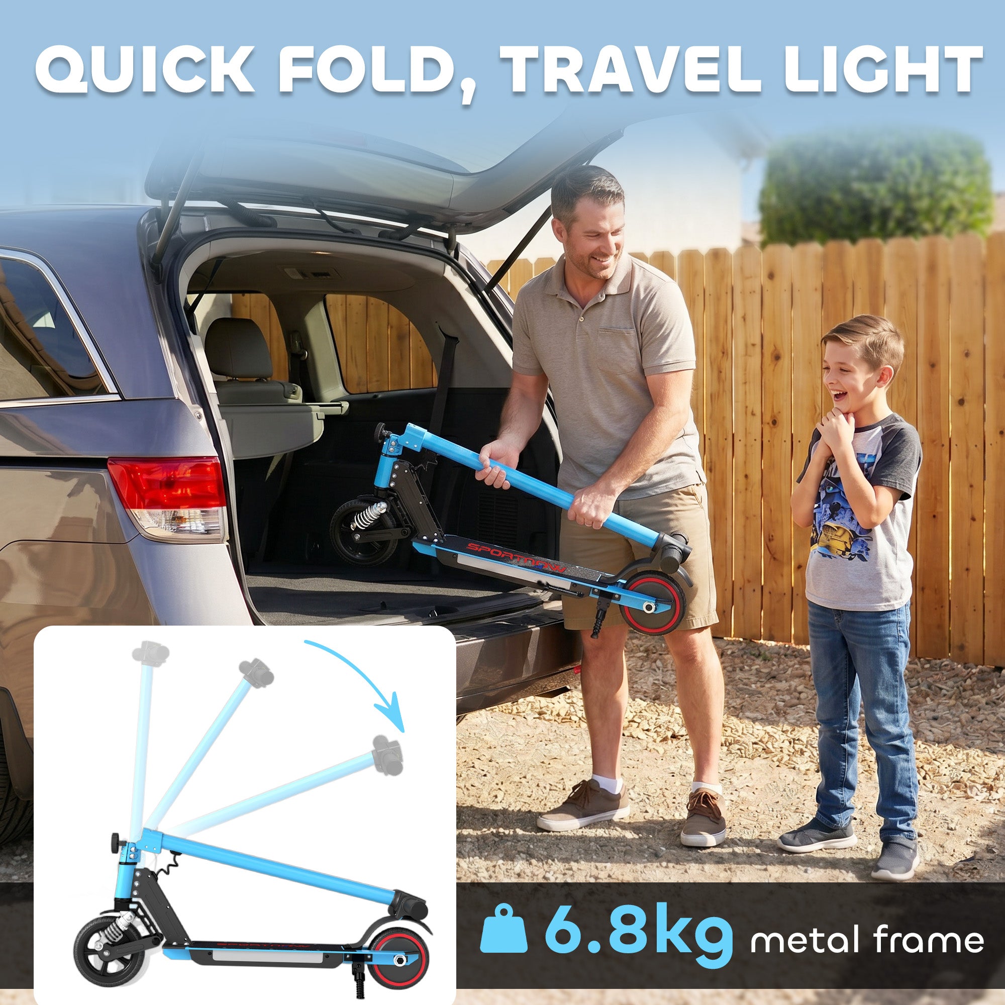 SPORTNOW Folding Electric Scooter for Kids Age 6-14 with Dual Brakes, Front Suspension, LED Colourful Lights and Display, 6.8kg Lightweight Aluminium E Scooter, Up to 14 KM/H & 6 KM, Blue