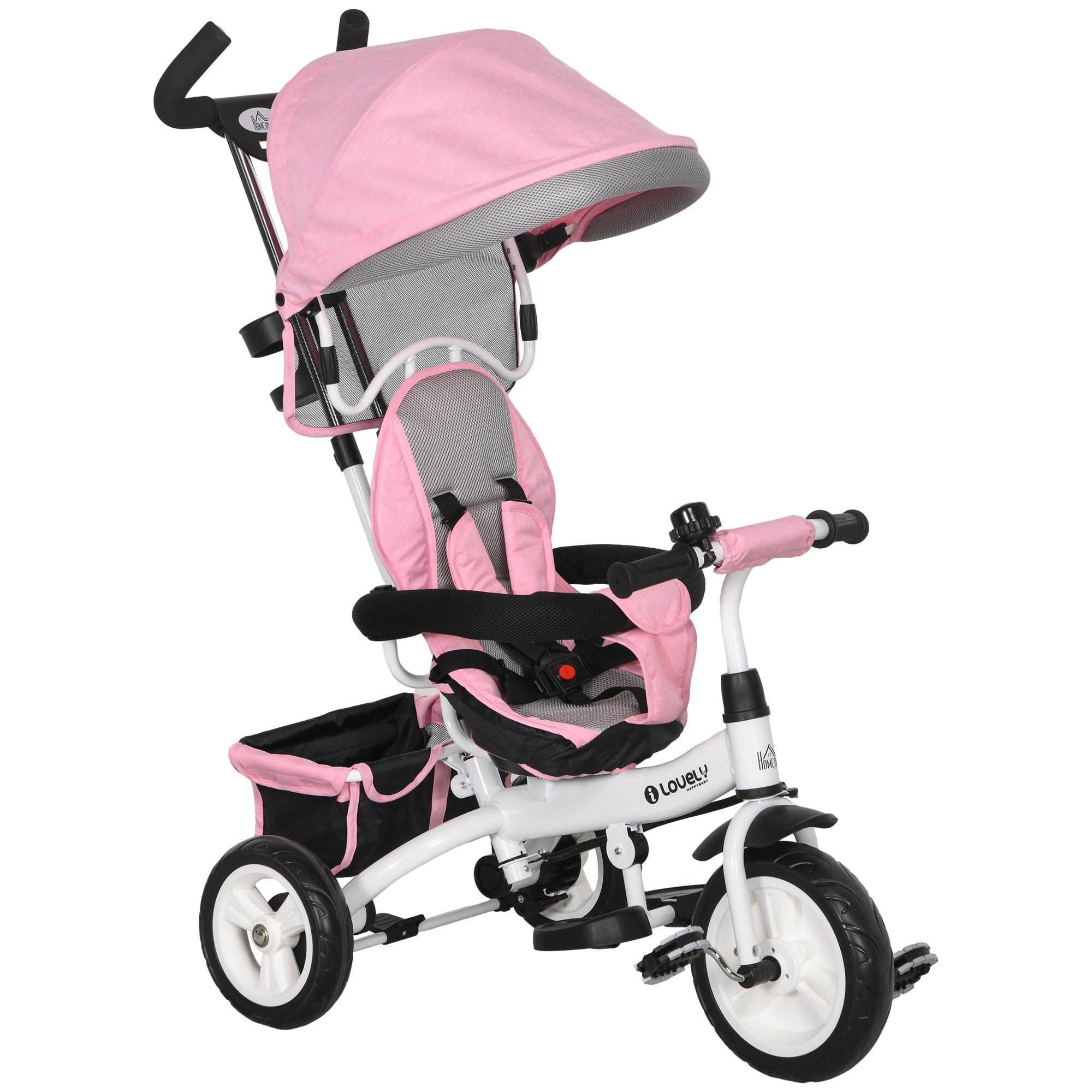 HOMCOM 6 in 1 Kids Trike Push Bike w/ Push Handle, Canopy, 5-point Safety Belt, Storage, Footrest, Brake, for 1-5 Years, Pink