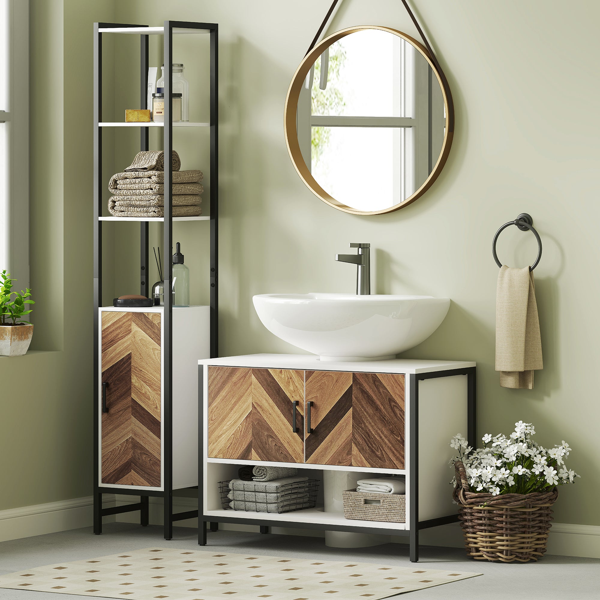 HOMCOM Under Sink Bathroom Cabinet, Rustic Under Sink Cabinet with Herringbone Doors and Open Compartment for Basin with or without Pedestal, 80 x 40 x 60cm, Cream White - North Peak Garden Furniture