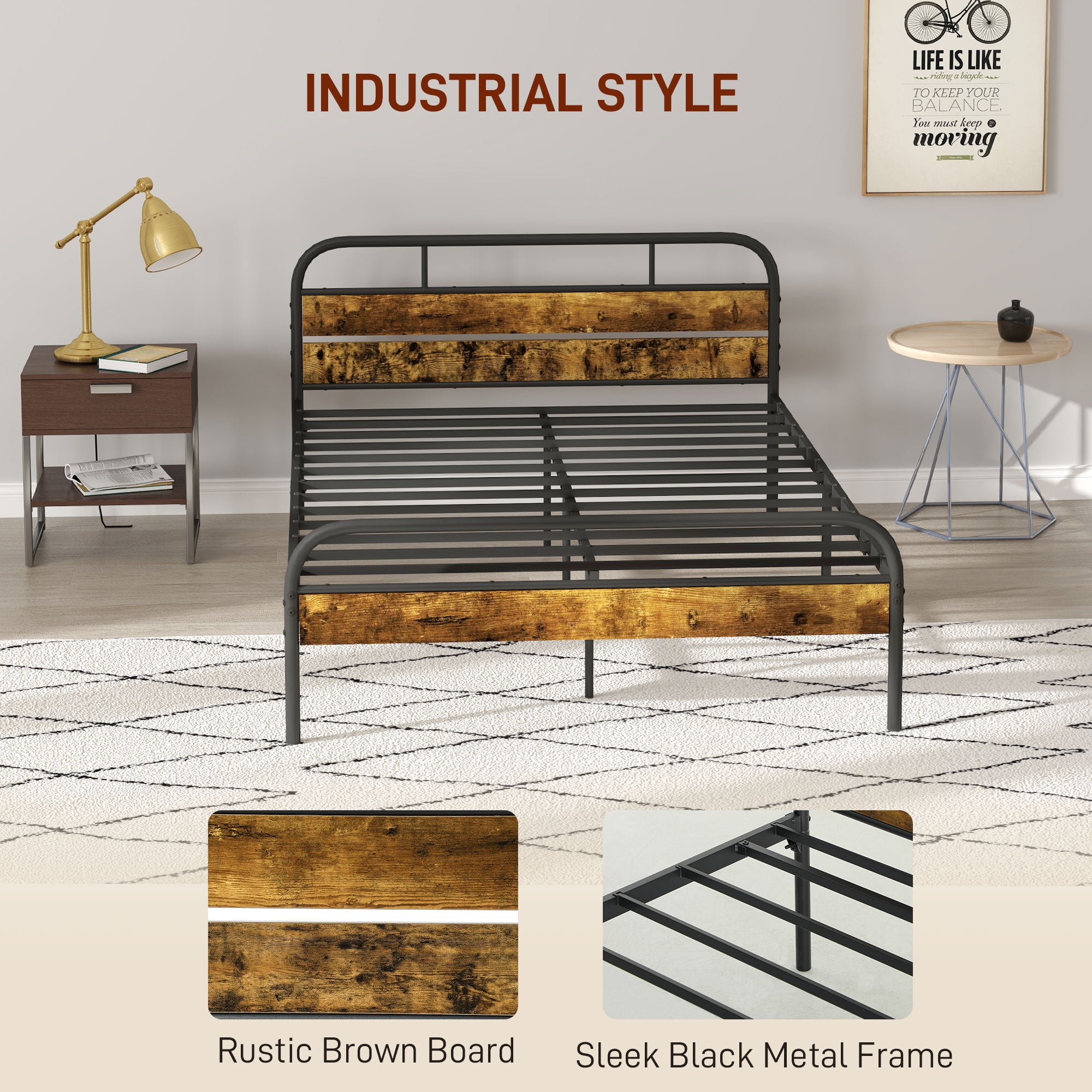 HOMCOM Industrial-Style Double Bed Frame - Black/Brown - North Peak Garden Furniture