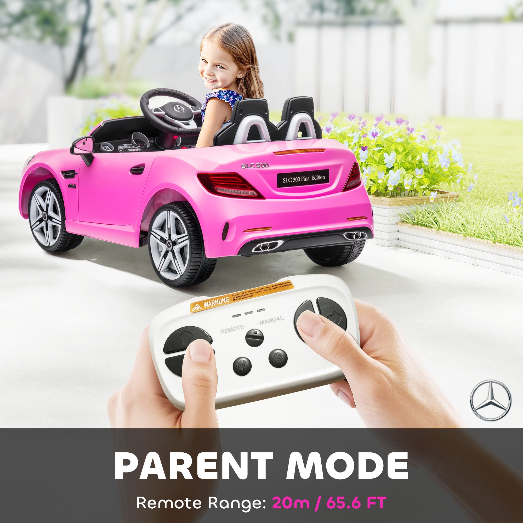 AIYAPLAY Benz SLC 300 Licensed 12V Kids Electric Ride On Car with Parental Remote Two Motors Music Lights Suspension Wheels for 3-6 Years Pink