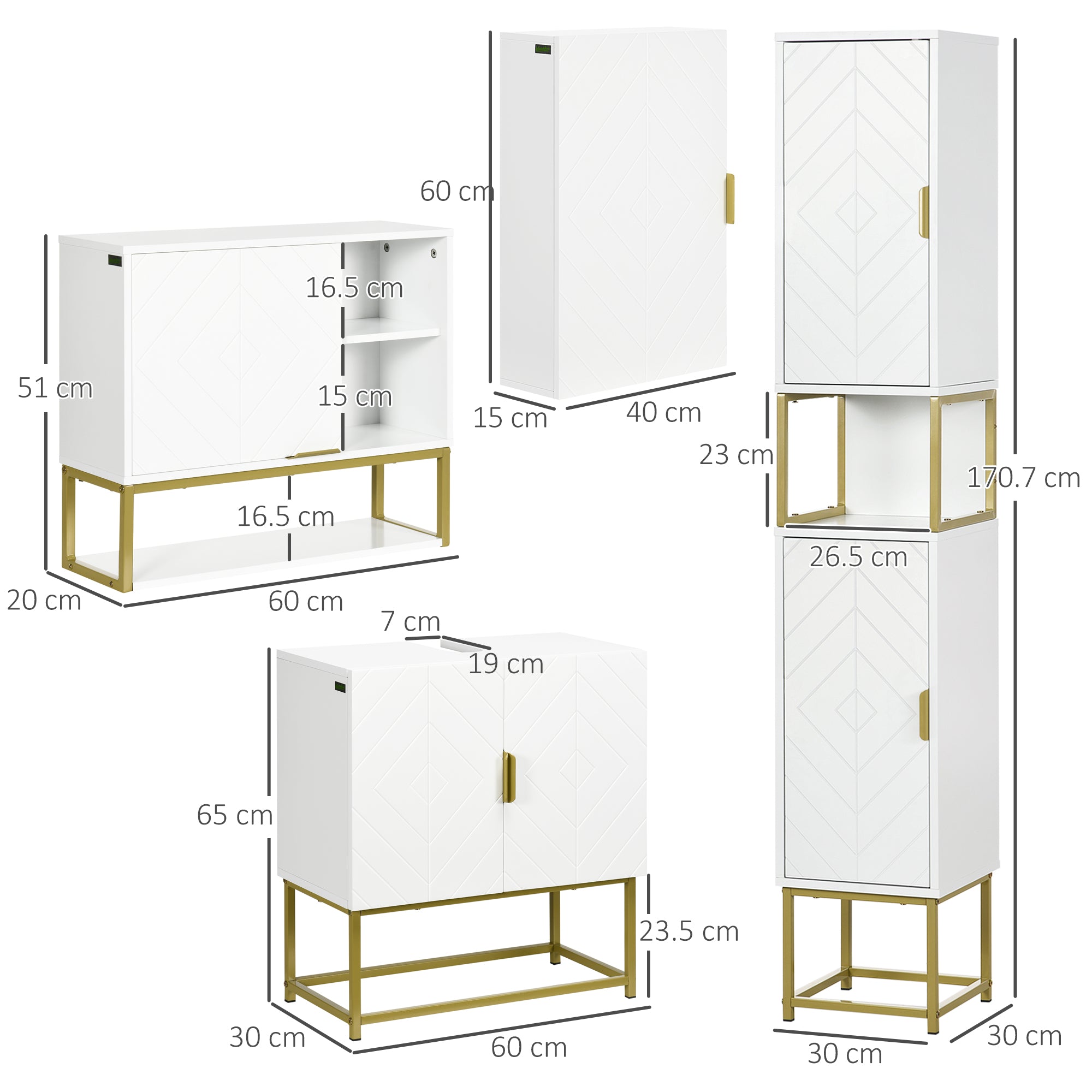 kleankin 4 Piece Bathroom Furniture Set, Freestanding Tall Bathroom Cabinet, Under Sink Storage Cabinet, 2 Wall Mounted Cabinets, White