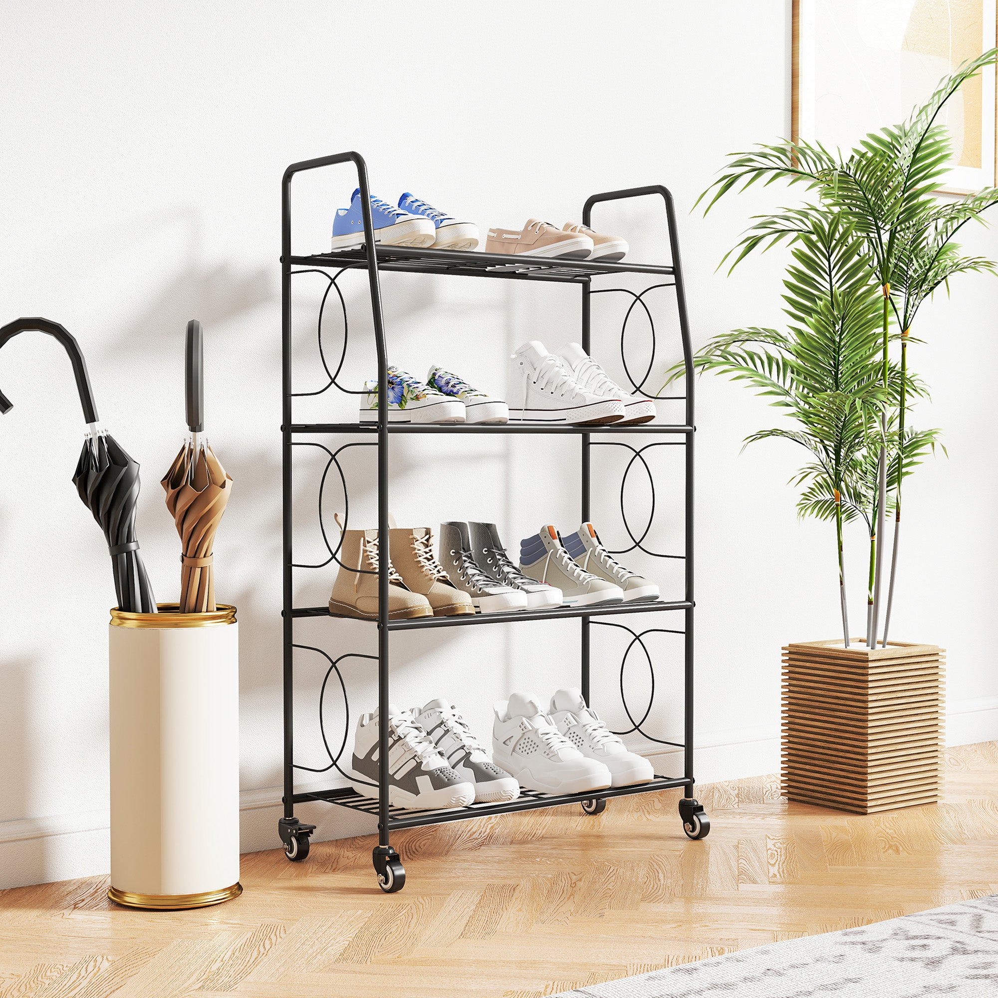 Outsunny 4-Tier Metal Plant Stand, Heavy Duty Ladder Shelf Potted Plants Display Rack with Lockable Wheels