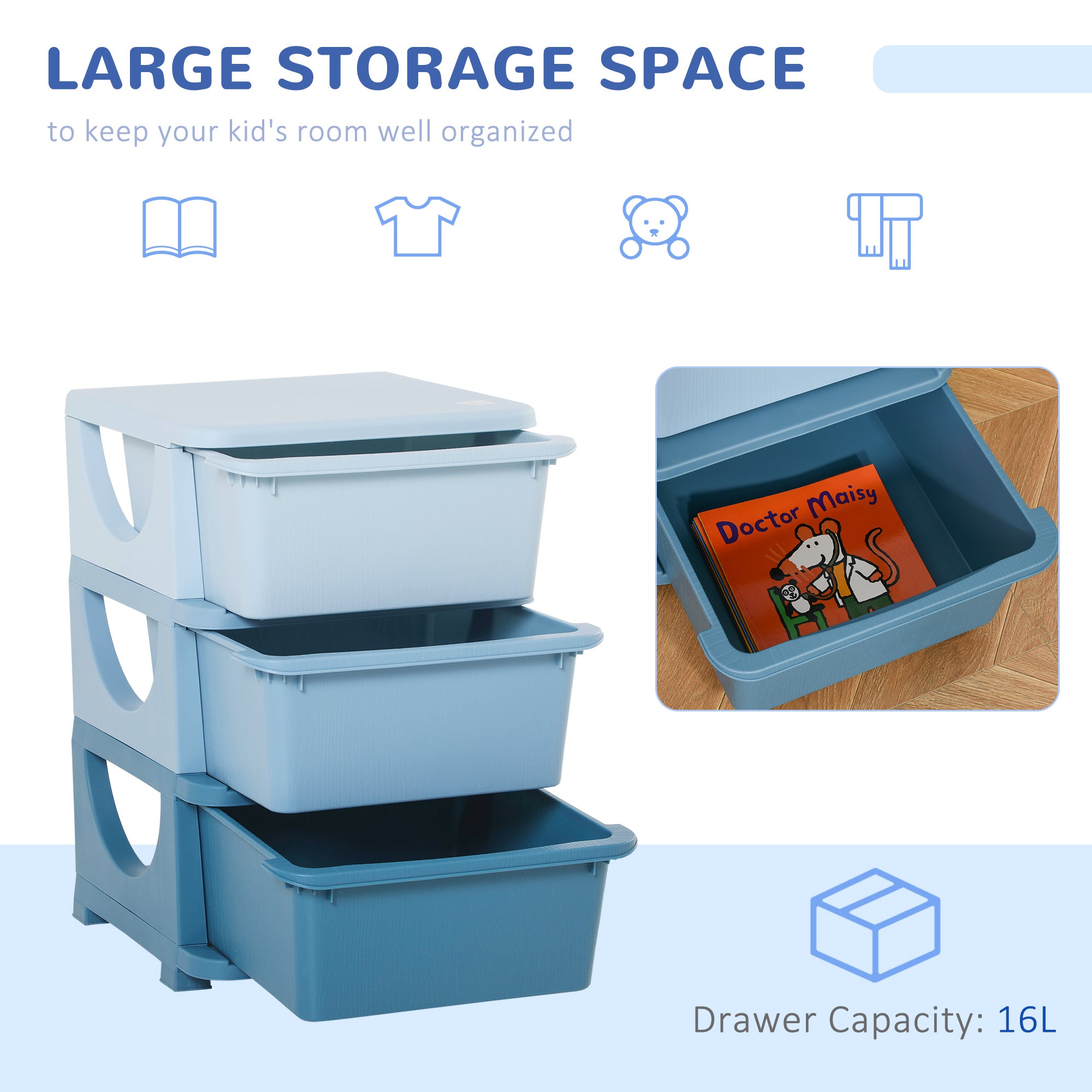 HOMCOM Kids Storage Units with 3 Drawers 3 Tier Chest Vertical Dresser Tower Toy Organizer for Nursery Playroom Kindergarten Blue - North Peak Garden Furniture