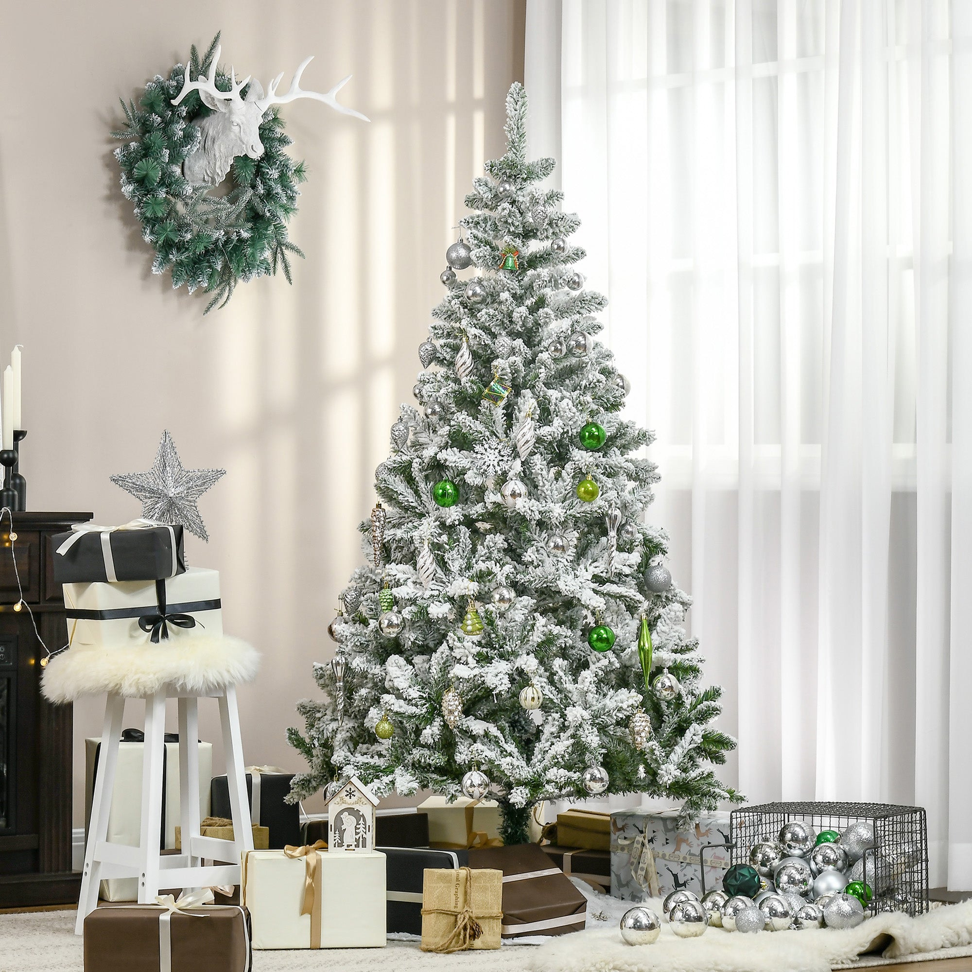 HOMCOM 6 Ft Snow Flocked Artificial Christmas Tree Xmas Pine Tree with Realistic Branches, Auto Open and Steel Base, Green - North Peak Garden Furniture