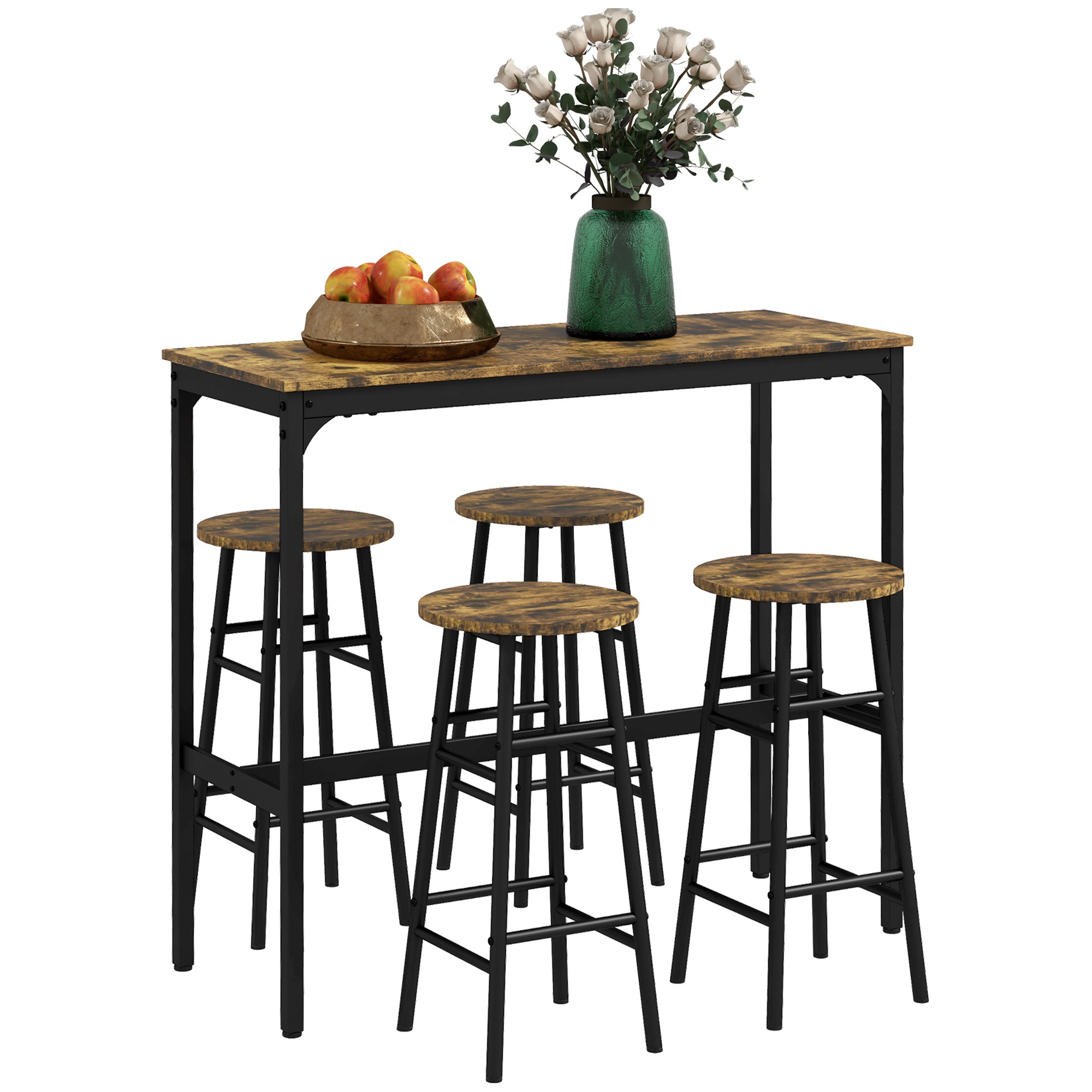 HOMCOM 5 Piece Bar Table Set with 4 Stools, Industrial Bar Table and Stool Set, Dining Table and Chair Set, Rustic Brown - North Peak Garden Furniture