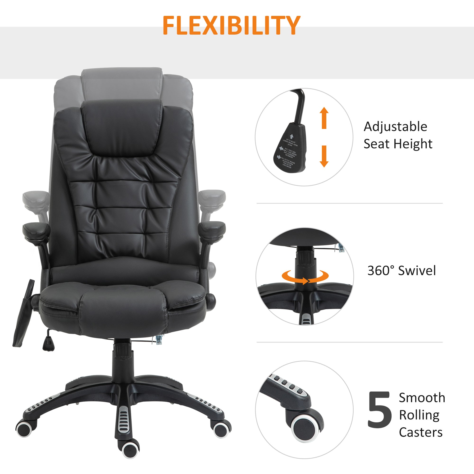 HOMCOM Executive Office Chair with Massage and Heat, High Back PU Leather Massage Office Chair with Adjustable Height, Black - North Peak Garden Furniture