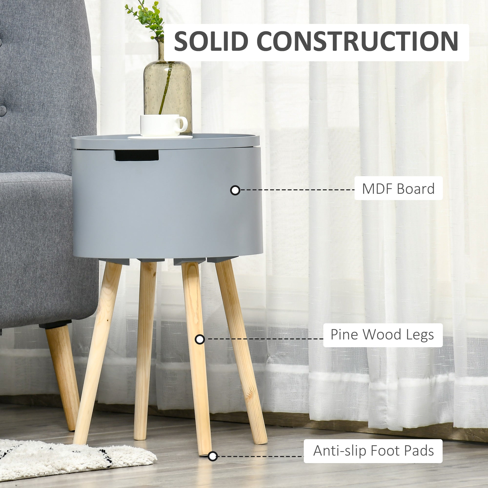 HOMCOM Modern Side Table with Hidden Storage Space, Round Night Stand with Removable Tray Wood Frame End Coffee Table for Living Room, Set of 2, Grey - North Peak Garden Furniture