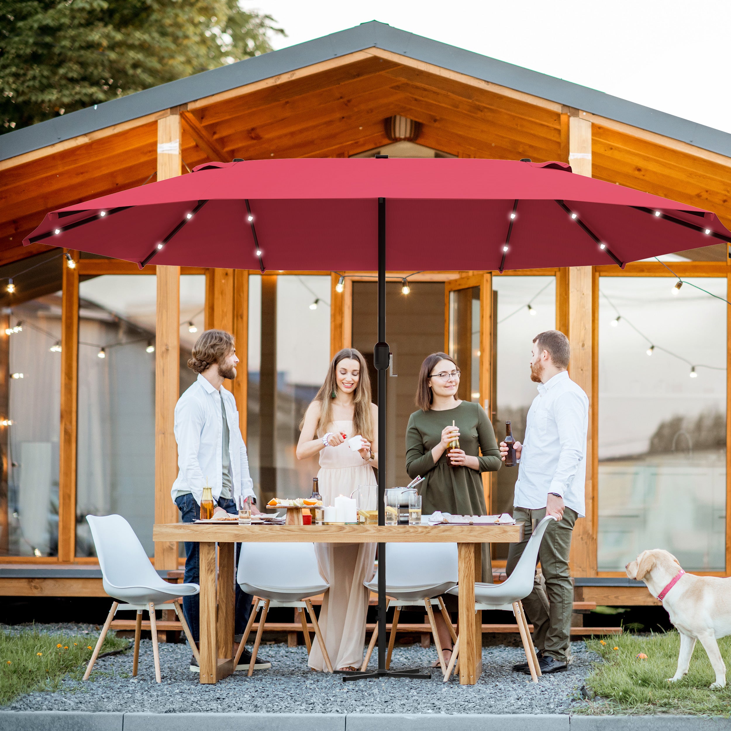 Outsunny 4.4m Double-Sided Sun Umbrella Patio Parasol LED Solar Lights Red - North Peak Garden Furniture