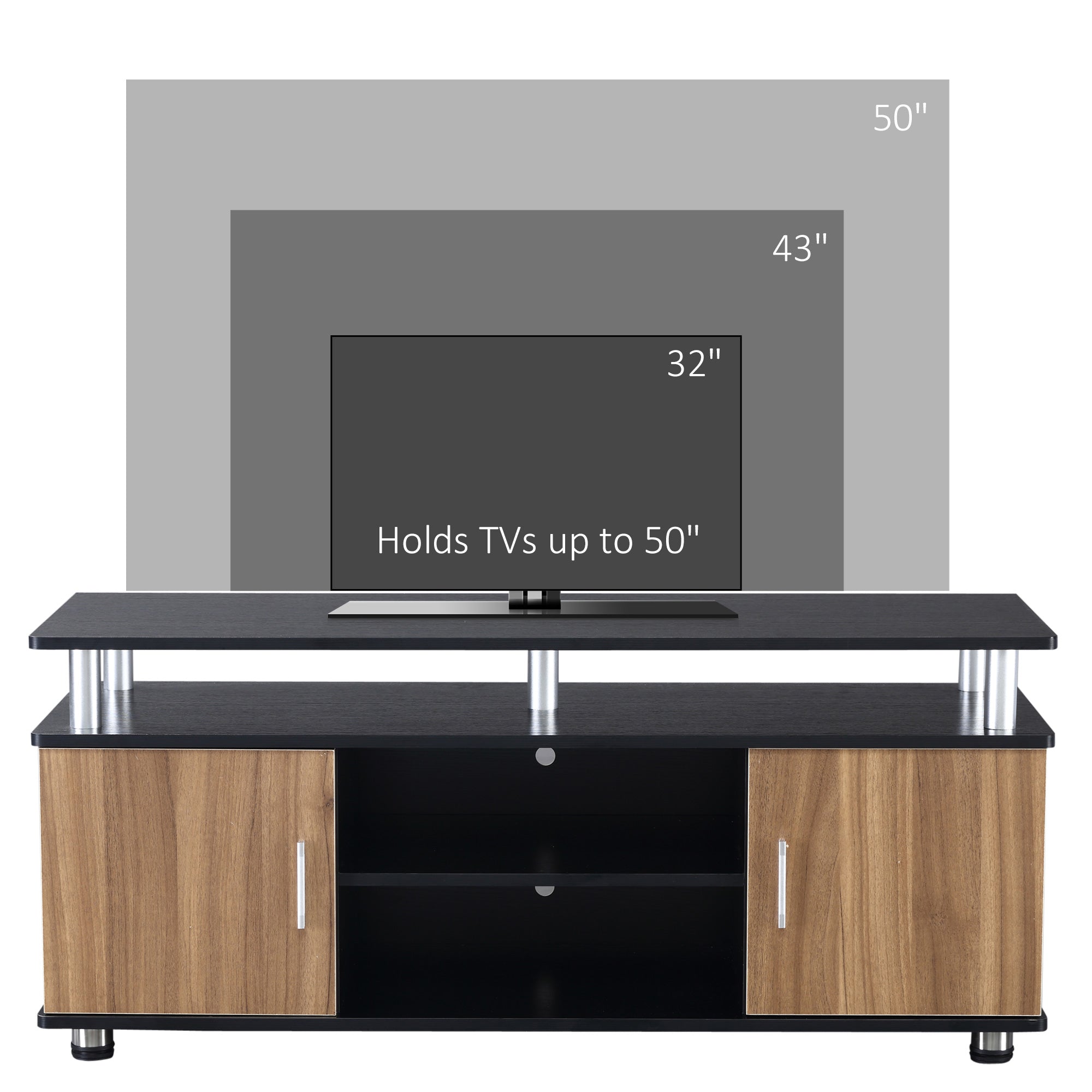 HOMCOM TV Cabinet Unit for TVs up to 50'' with Storage Shelf and Cupboards, Living Room Entertainment Center Media Console, Black and Walnut - North Peak Garden Furniture