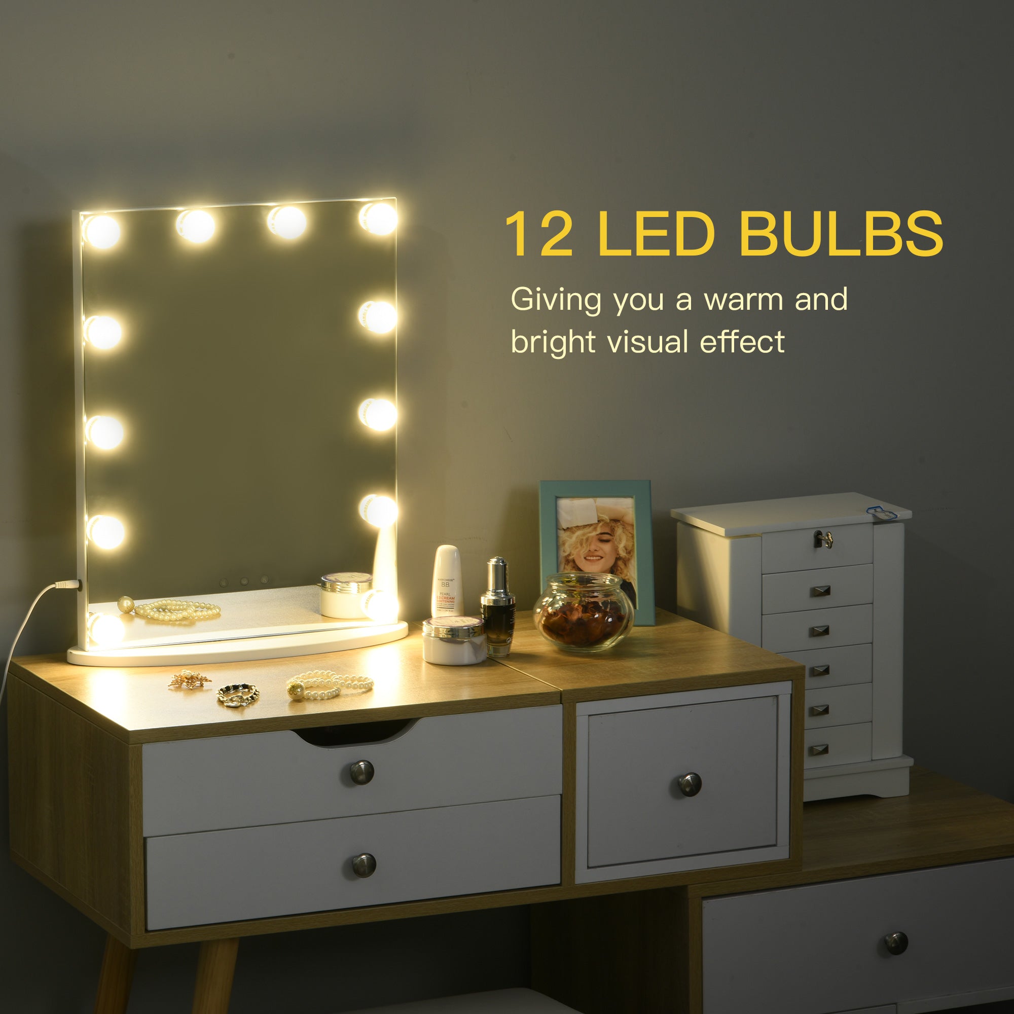 HOMCOM Hollywood Mirror with Lights for Makeup Dressing Table, Lighted Vanity Mirror with 12 Dimmable LED Bulbs and USB Plug in Power Supply, White - North Peak Garden Furniture