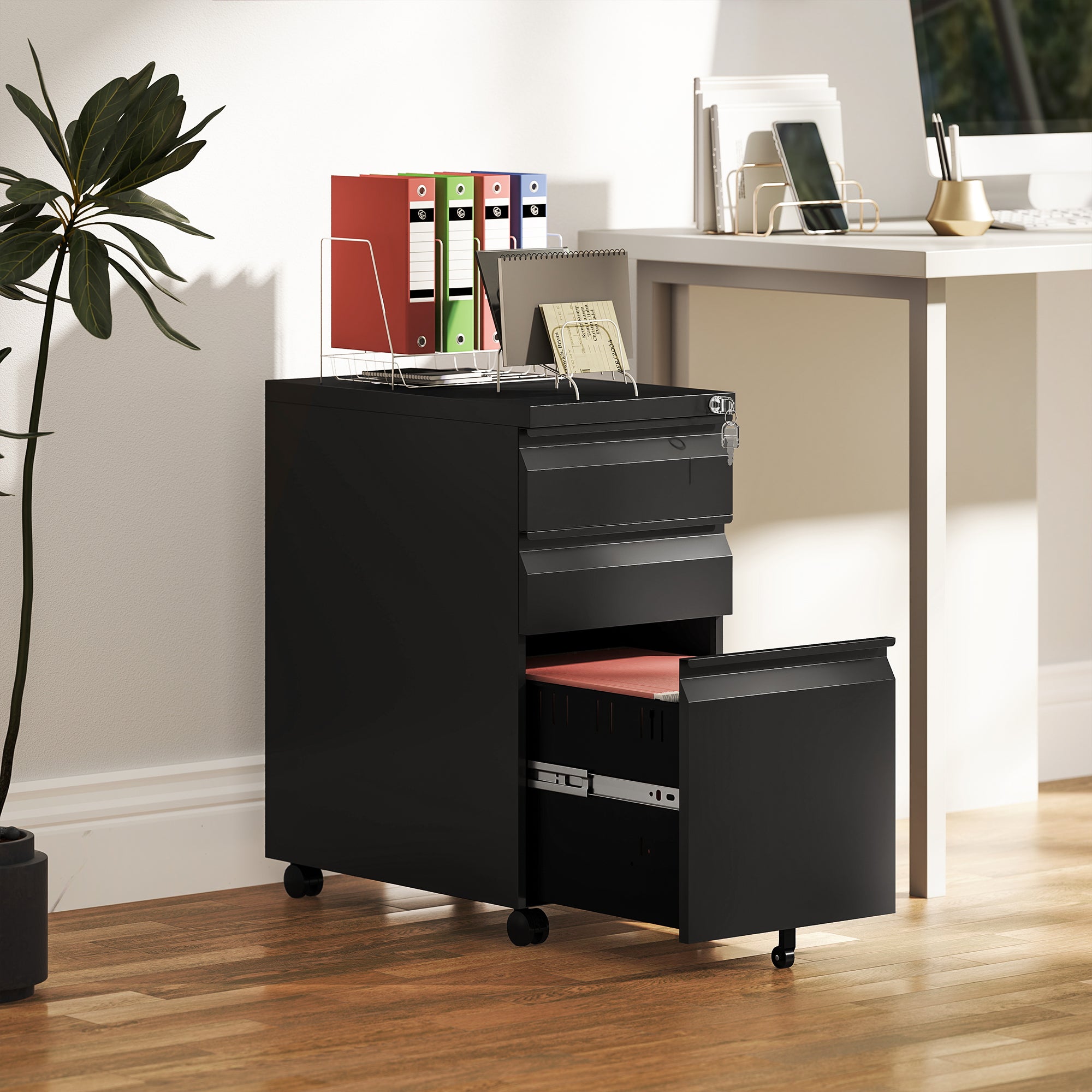 Vinsetto 3-Drawer Steel Filing Cabinet with Lock and Wheels - Black - North Peak Garden Furniture