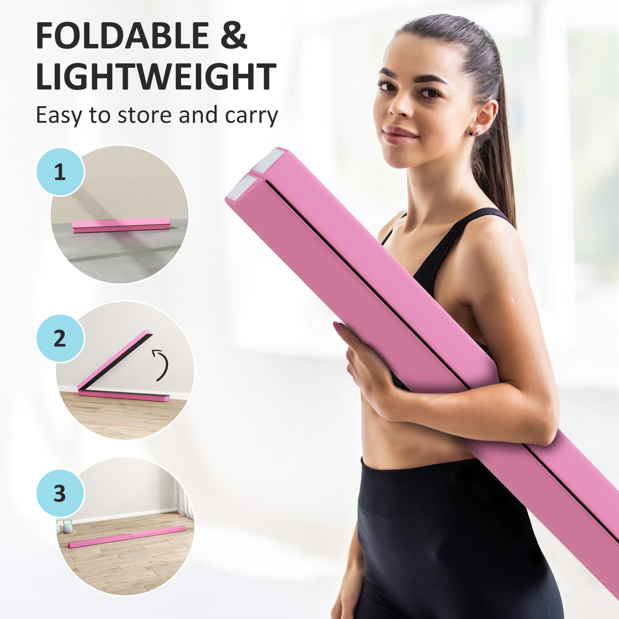 SPORTNOW 7.7ft Folding Gymnastics Beam, Floor Balance Beam for Kids with Anti-Slip Base, Gymnastics Equipment for Home, Pink