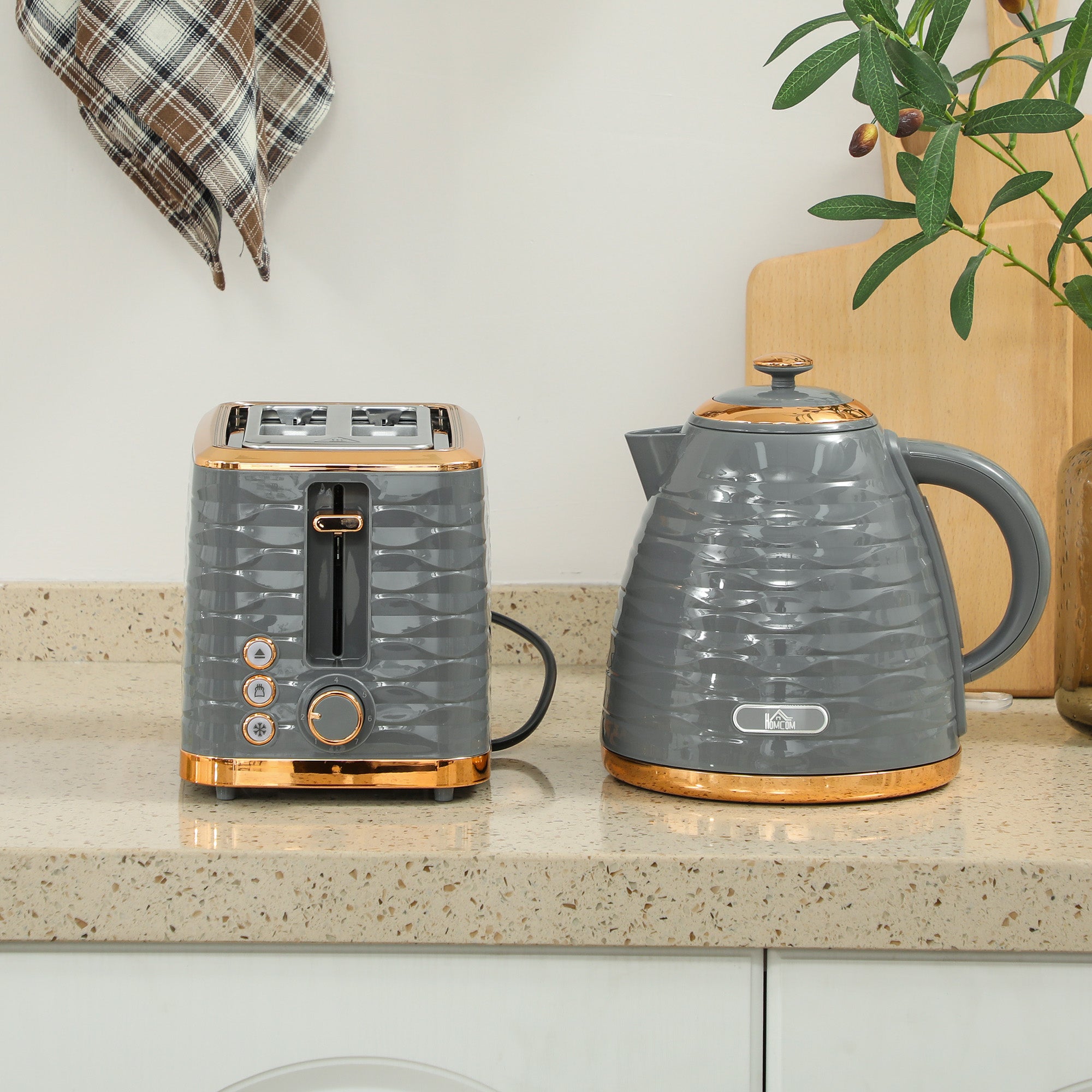 HOMCOM 3000W 1.7L Rapid Boil Kettle & 2 Slice Toaster, Kettle and Toaster Set with 7 Browning Controls and Crumb Tray, Grey - North Peak Garden Furniture
