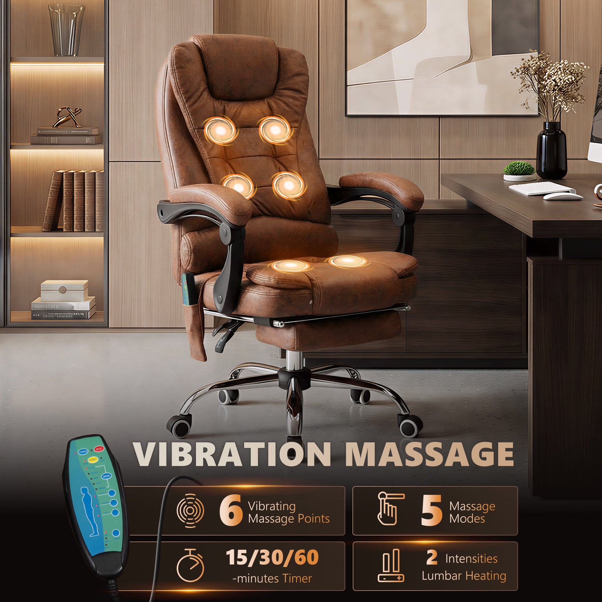Vinsetto Heated 6 Points Vibration Massage Executive Office Chair Adjustable Swivel Ergonomic High Back Desk Chair Recliner with Footrest Brown