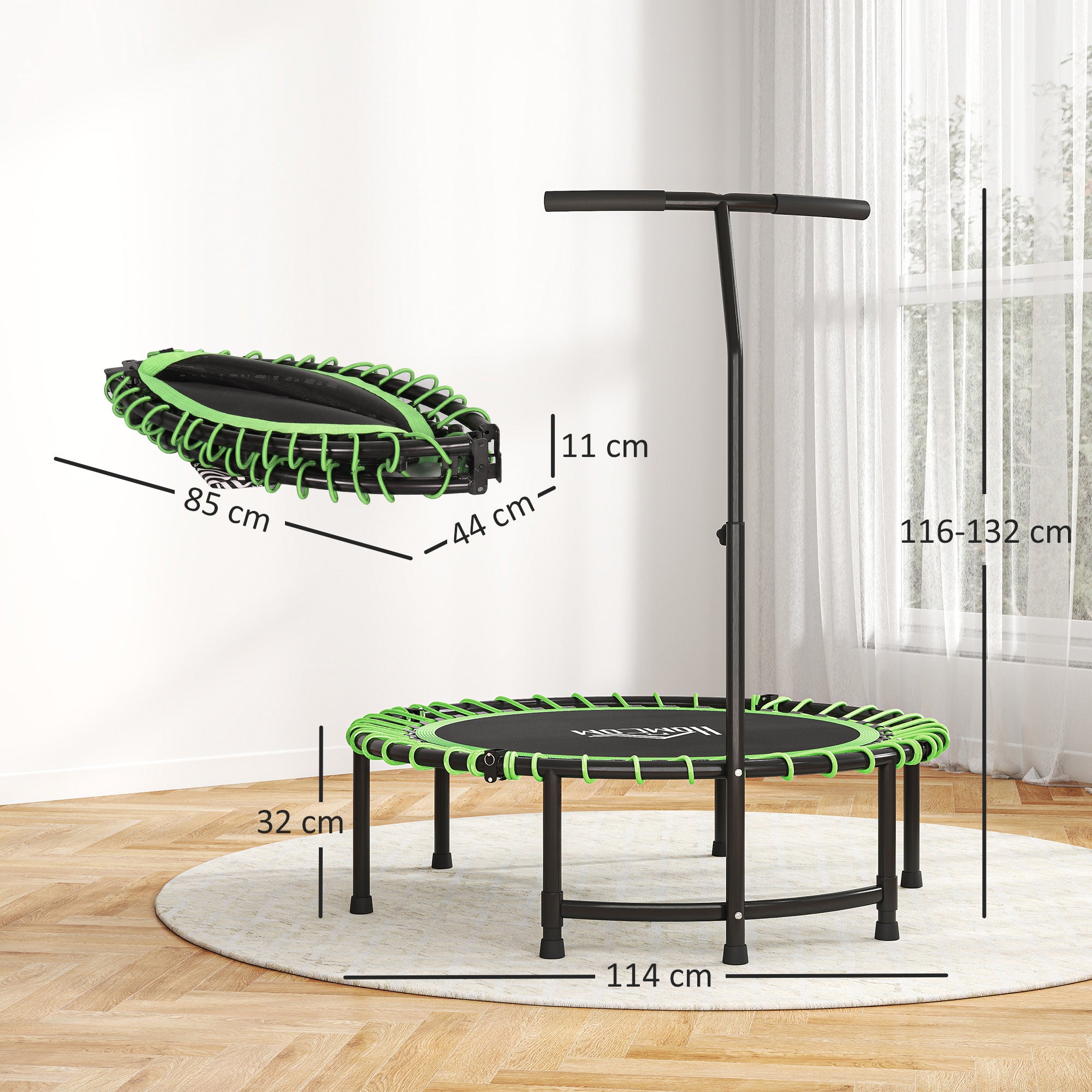 HOMCOM Mini Round Steel Frame Trampoline w/ Adjustable Handle, Green - North Peak Garden Furniture