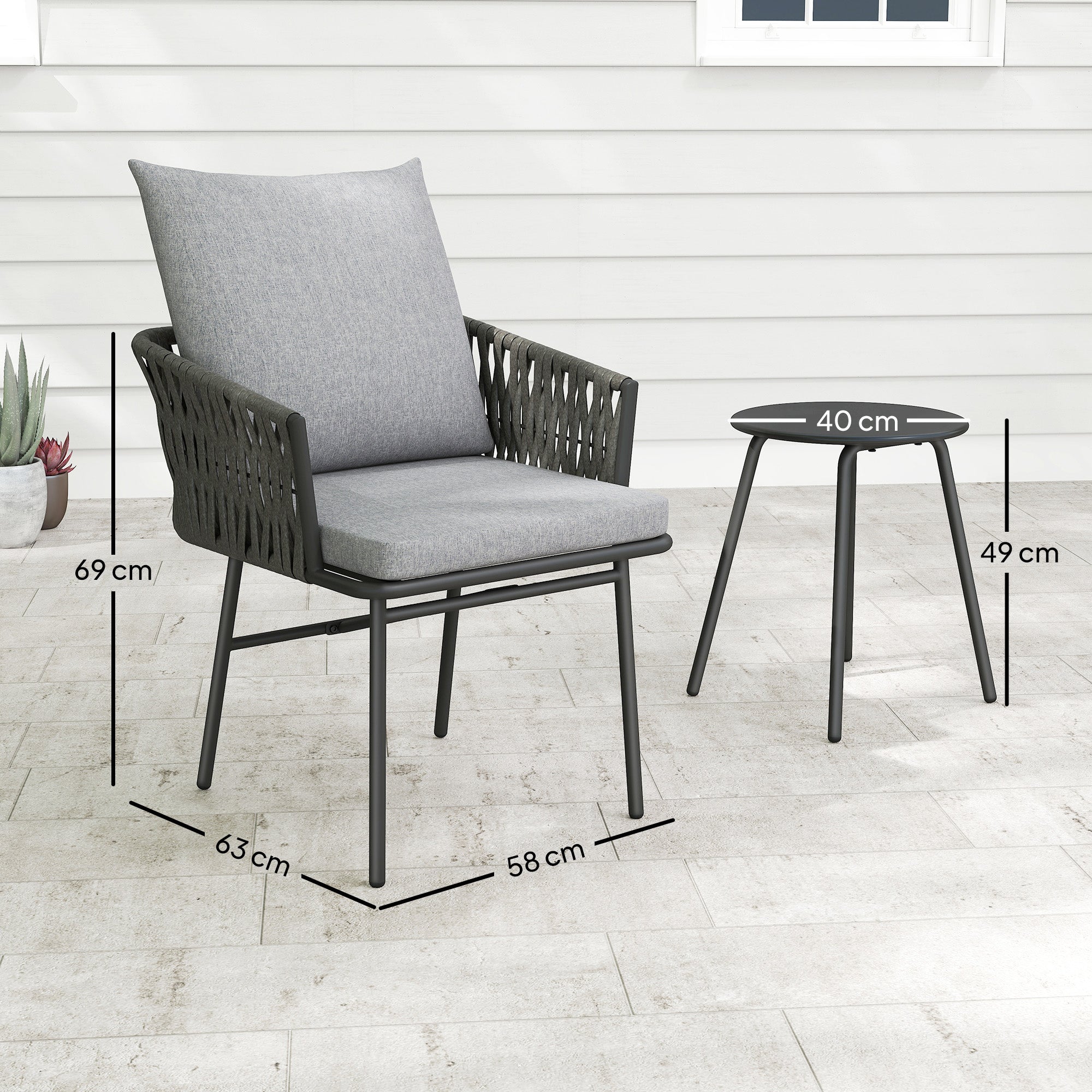 Outsunny 3-Piece Rattan Bistro Set, Garden Table and Chairs with 4 Cushions, Patio Rattan Conversation Furniture Set for Balcony, Porch, Terrace, Grey - North Peak Garden Furniture