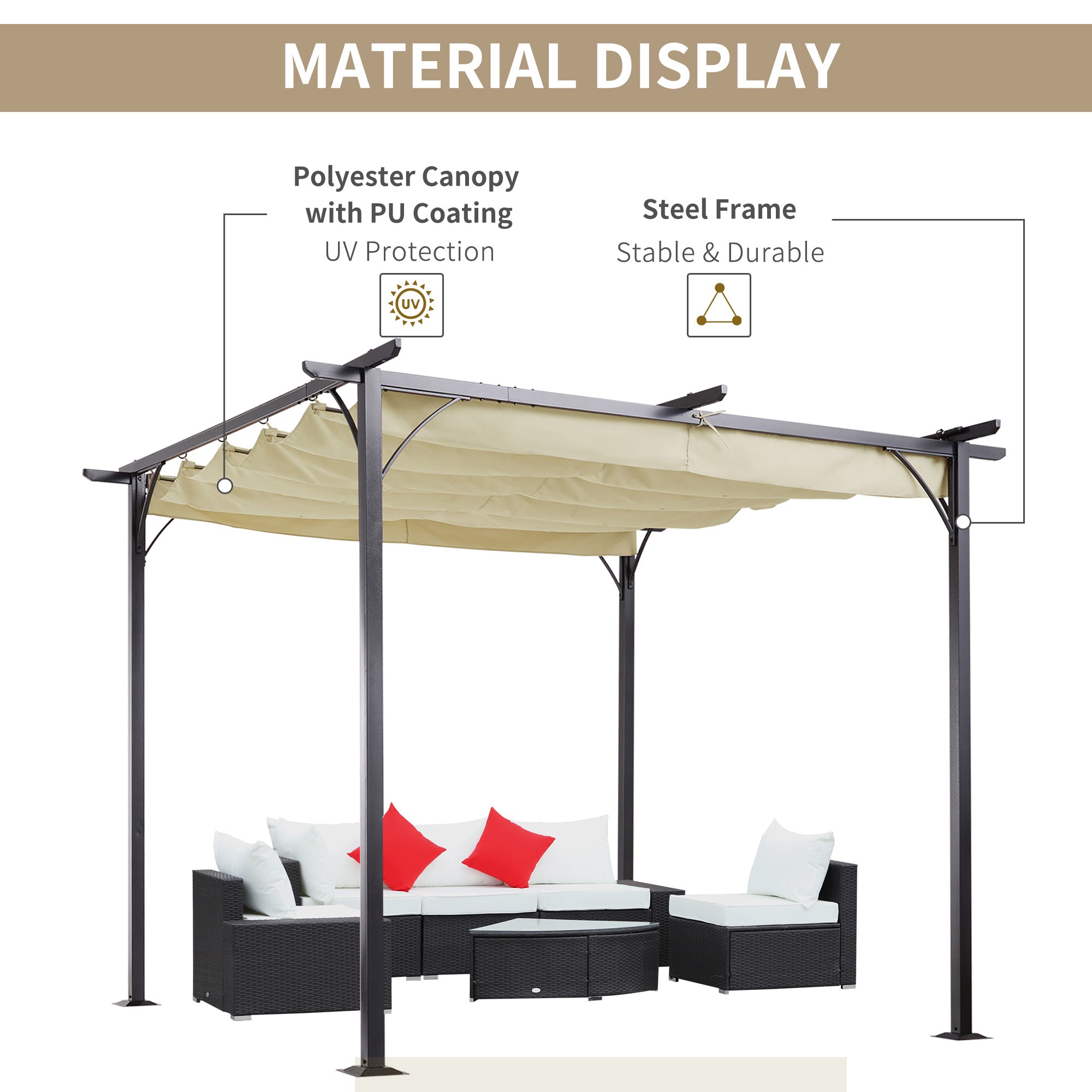 Outsunny 3 x 3(m) Metal Pergola with Retractable Roof, Garden Gazebo Metal Pergola Canopy. Outdoor Sun Shade Shelter for Party BBQ, Beige - North Peak Garden Furniture