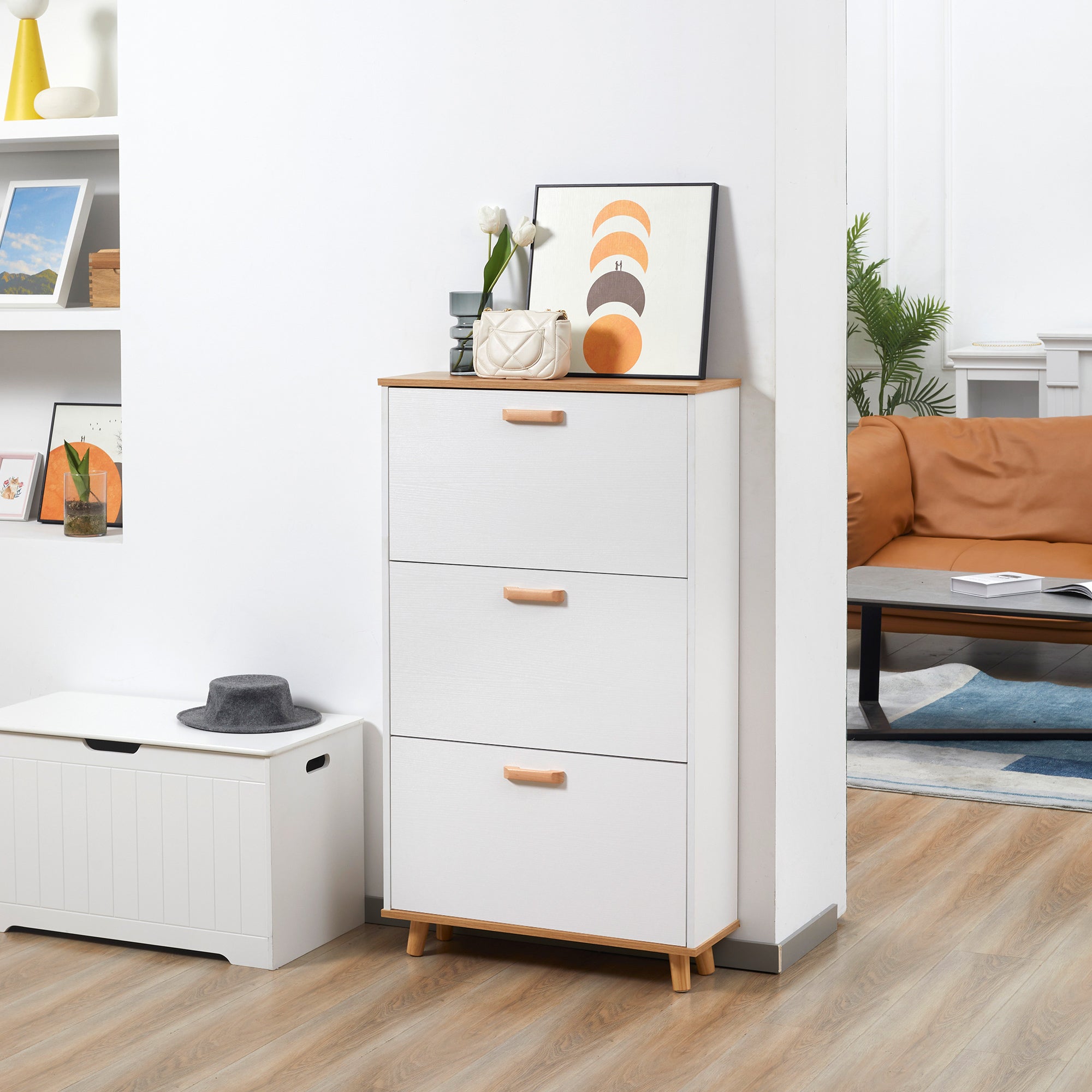 HOMCOM Narrow Shoe Cabinet, Slim Shoe Storage Cabinet with 3 Flip Drawers and Adjustable Shelves, 12 Pair of Shoes Organizer for Hallway, Entryway, White - North Peak Garden Furniture