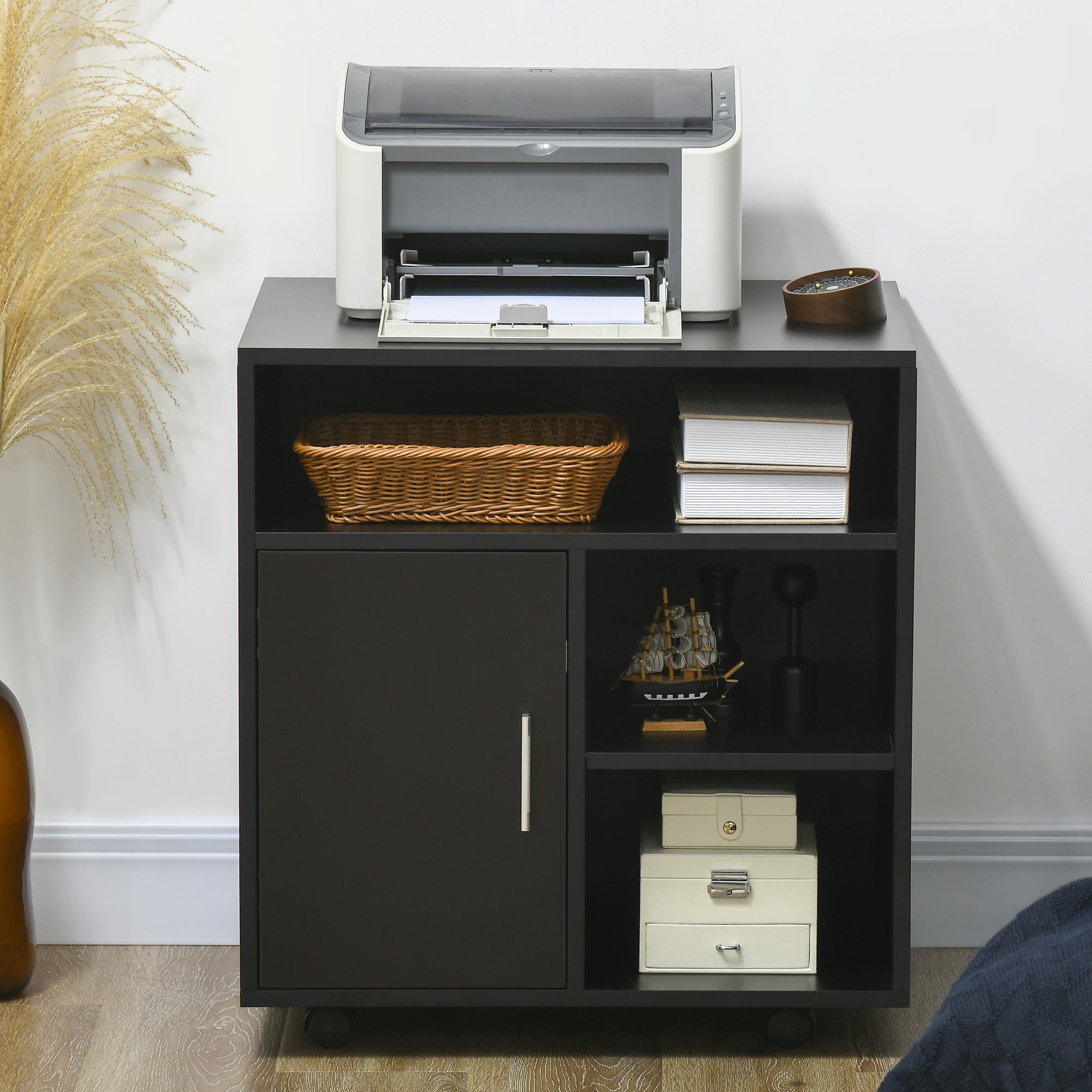 HOMCOM Multi-Storage Printer Stand Unit Office Desk Side Mobile Storage w/ Wheels Modern Style 60L x 50W x 65.5H cm - Black - North Peak Garden Furniture