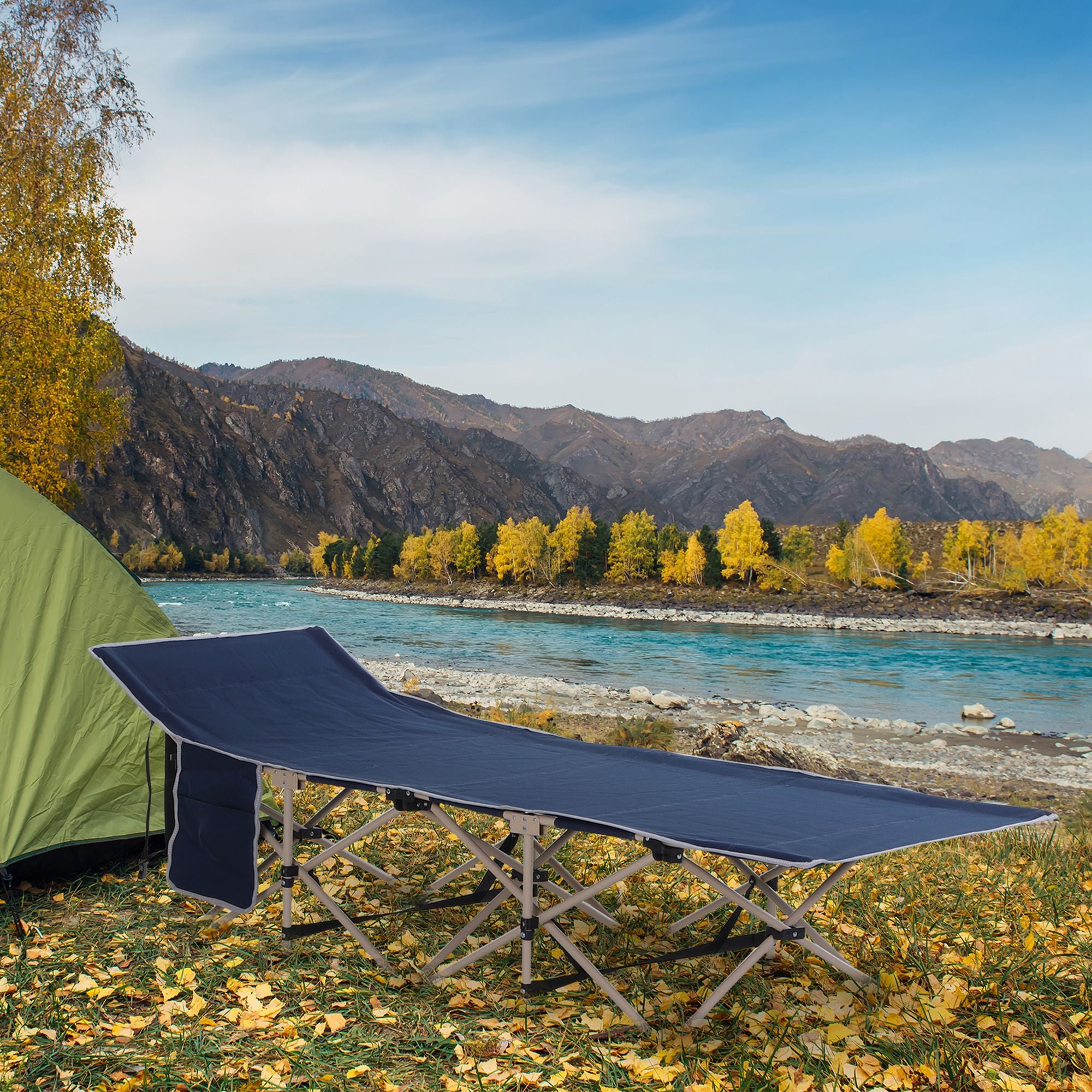 Outsunny Single Person Camping Bed Folding Cot Outdoor Patio Portable Military Sleeping Bed Travel Guest Leisure Fishing with Side Pocket and Carry Bag - Blue