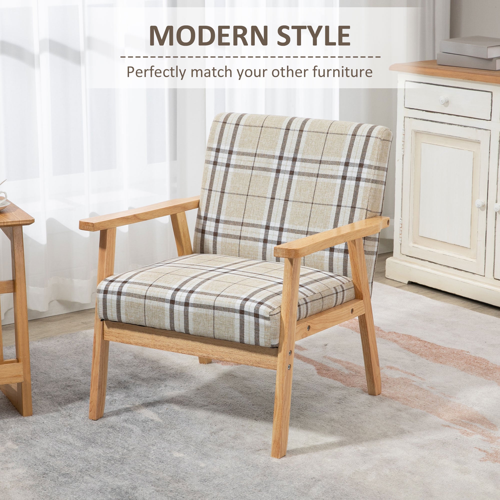 HOMCOM Modern One Seater Sofa for Living Room, Linen Fabric Small Couch with Rubber Wood Frame, Armrests, Lattice Pattern, Upholstered Armchair, Beige - North Peak Garden Furniture
