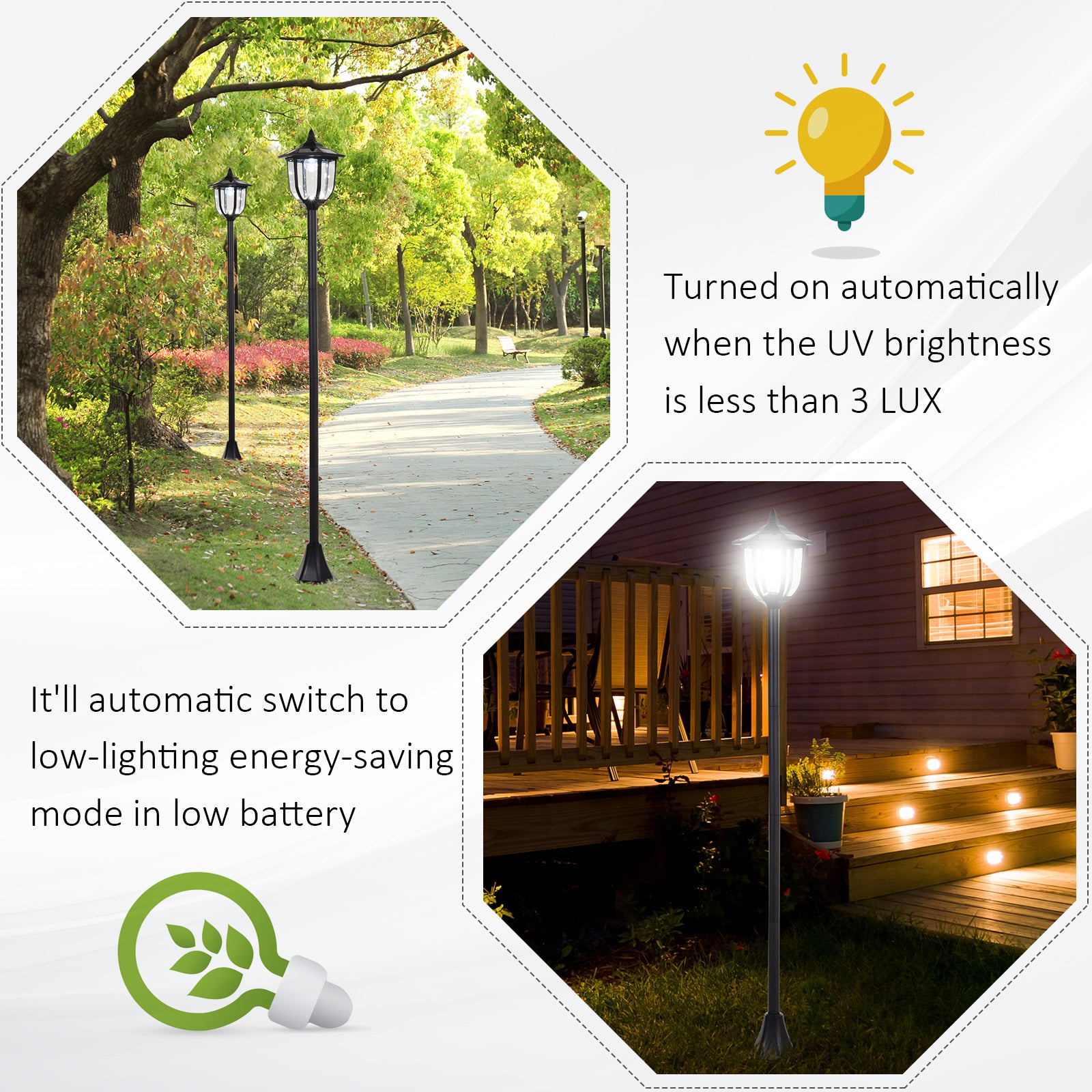 Outsunny 1.77m Tall Free-Standing ABS Garden Solar LED Lamp Post Black